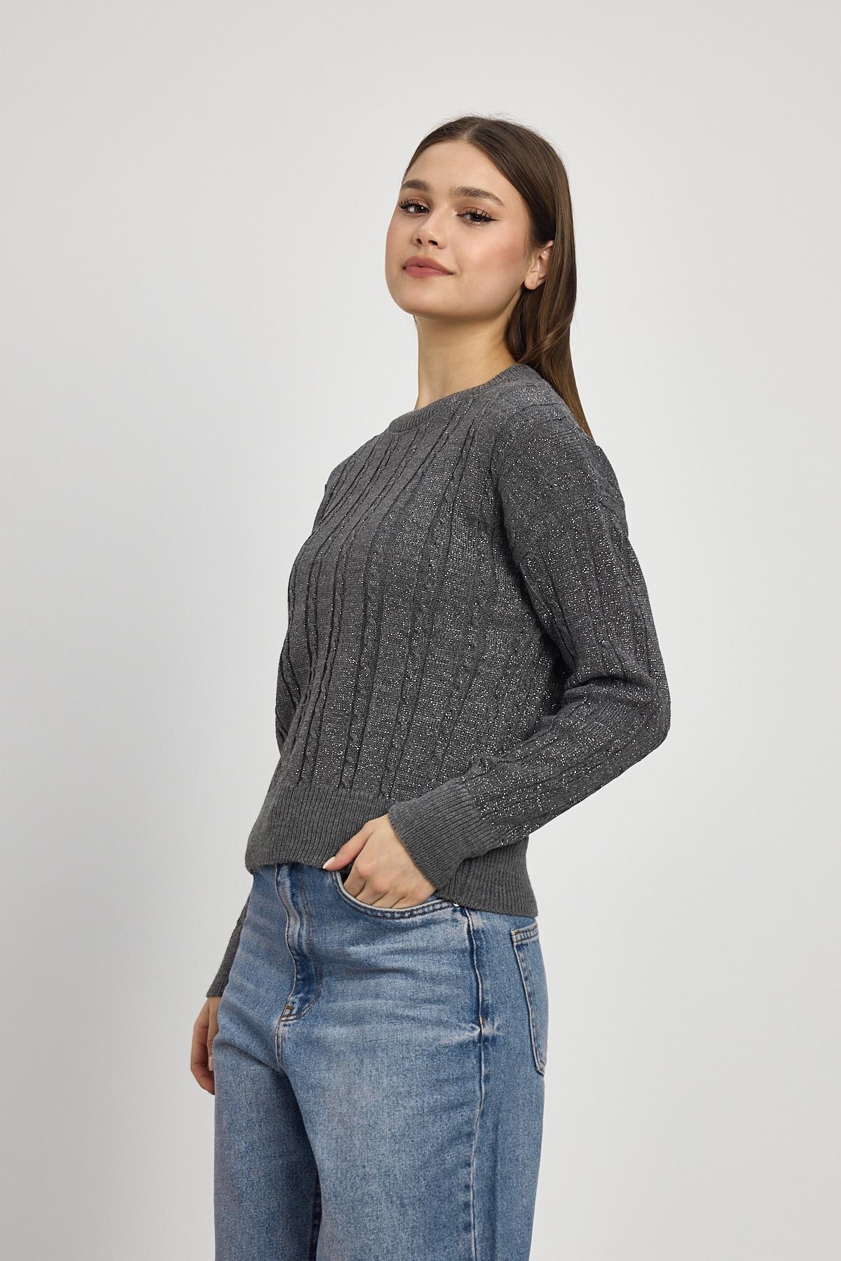 24366 Örgü Detay Simli Triko Kazak Füme - 7