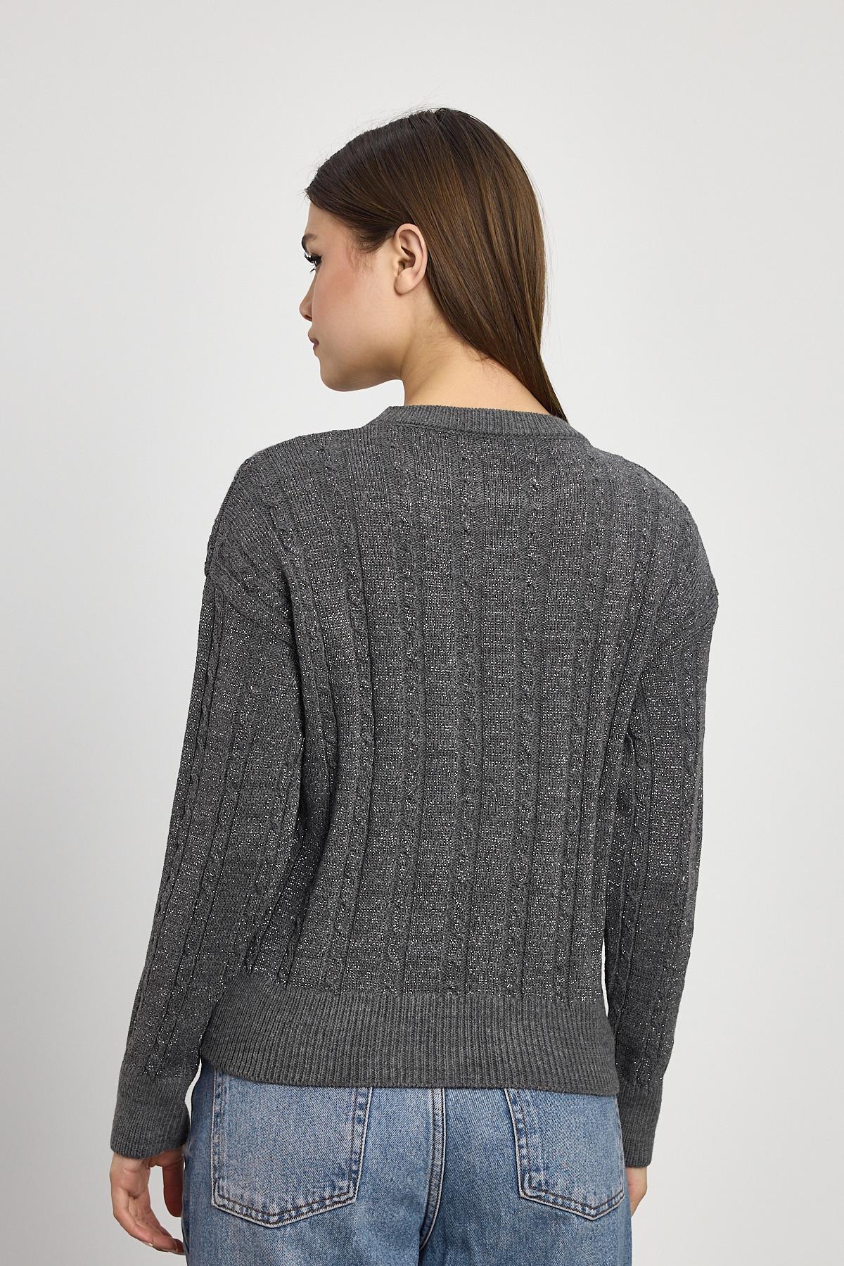 24366 Örgü Detay Simli Triko Kazak Füme - 5