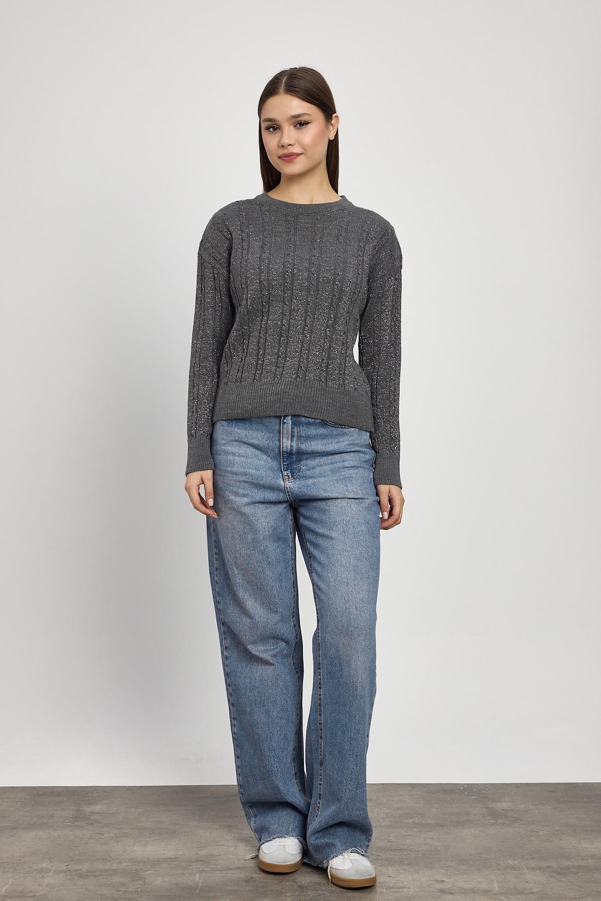 Füme Örgü Detay Simli Triko Kazak 24366 - 2