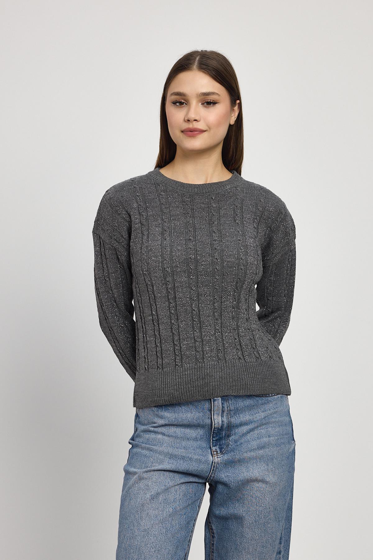 Füme Örgü Detay Simli Triko Kazak 24366 - 3