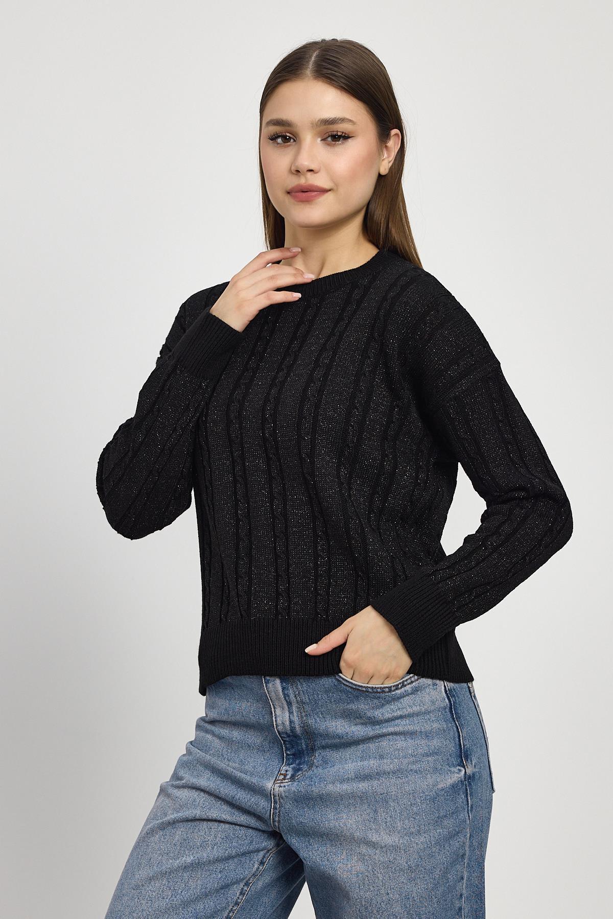 Örgü Detay Simli Triko Kazak 24366 Siyah - 8