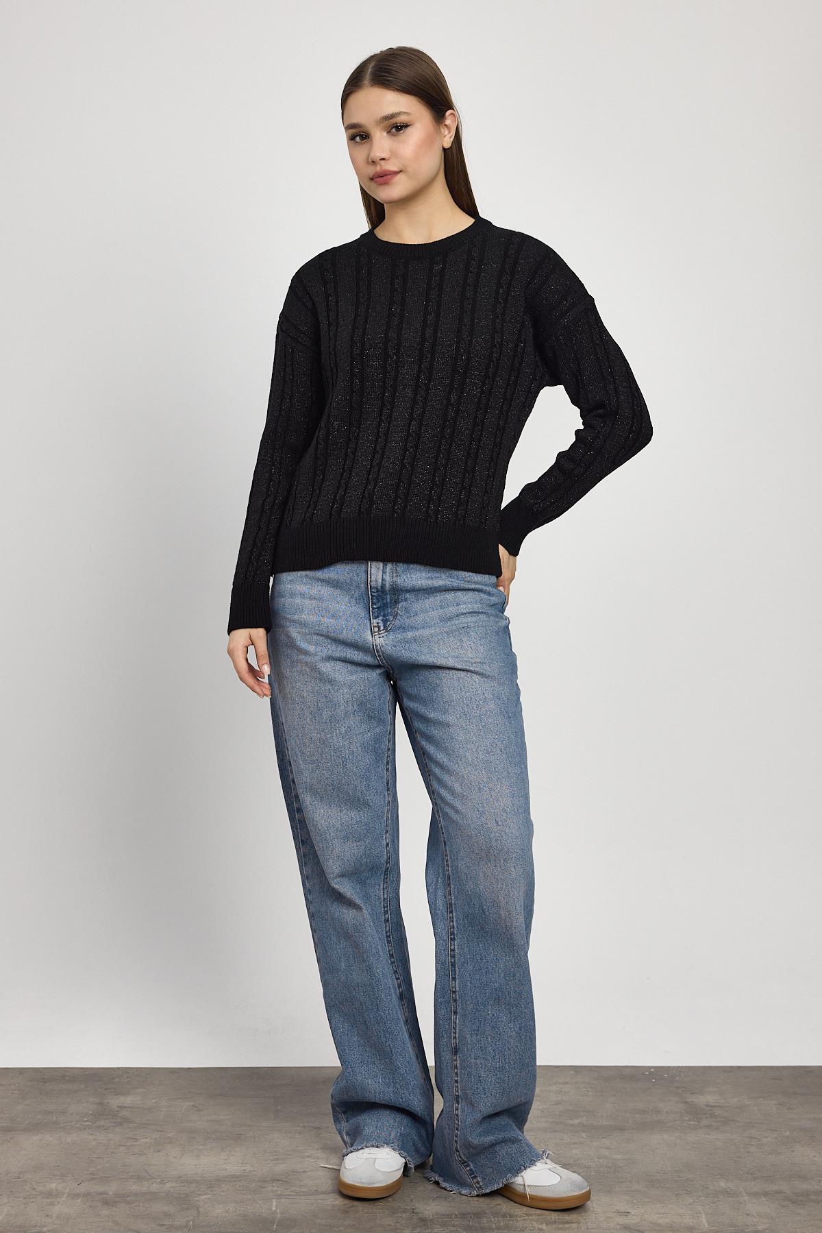 24366 Örgü Detay Simli Triko Kazak Siyah - 2