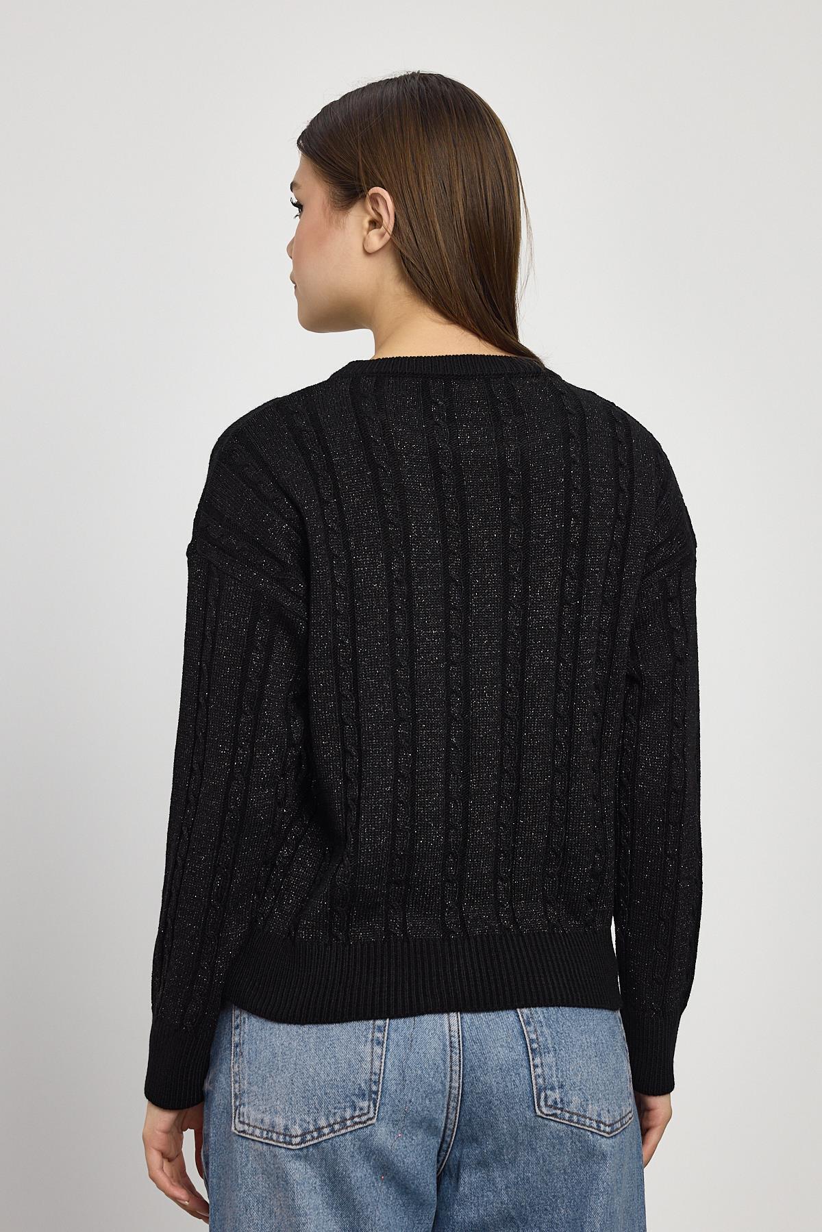 24366 Örgü Detay Simli Triko Kazak Siyah - 5