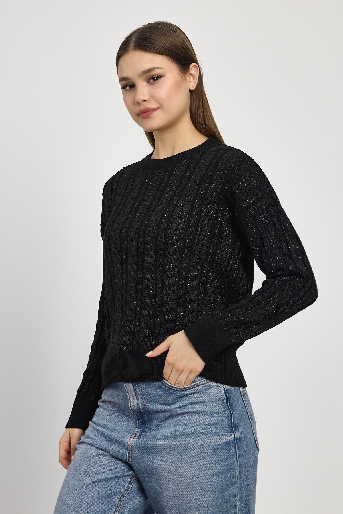 24366 Örgü Detay Simli Triko Kazak Siyah - 7