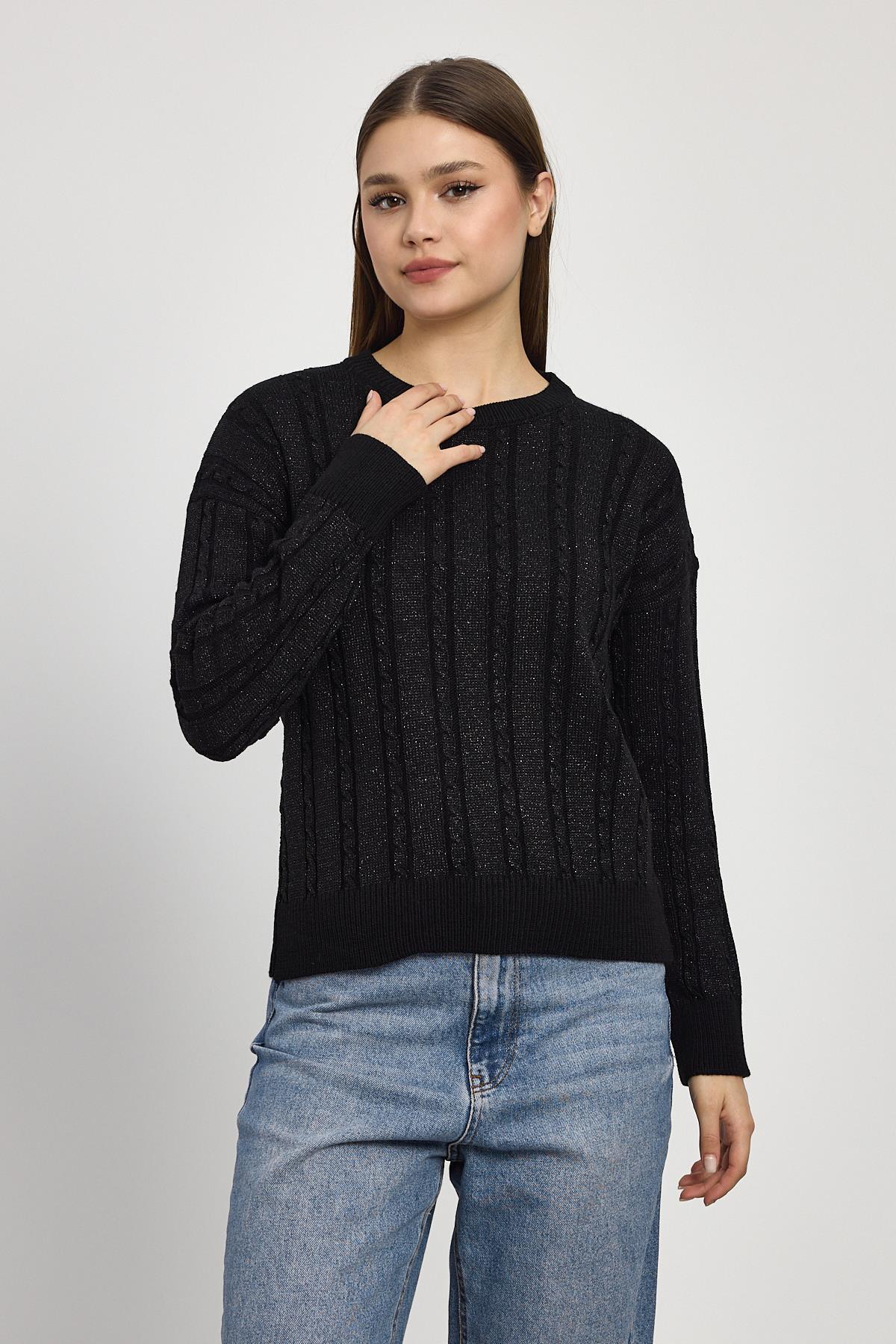 24366 Örgü Detay Simli Triko Kazak Siyah - 6