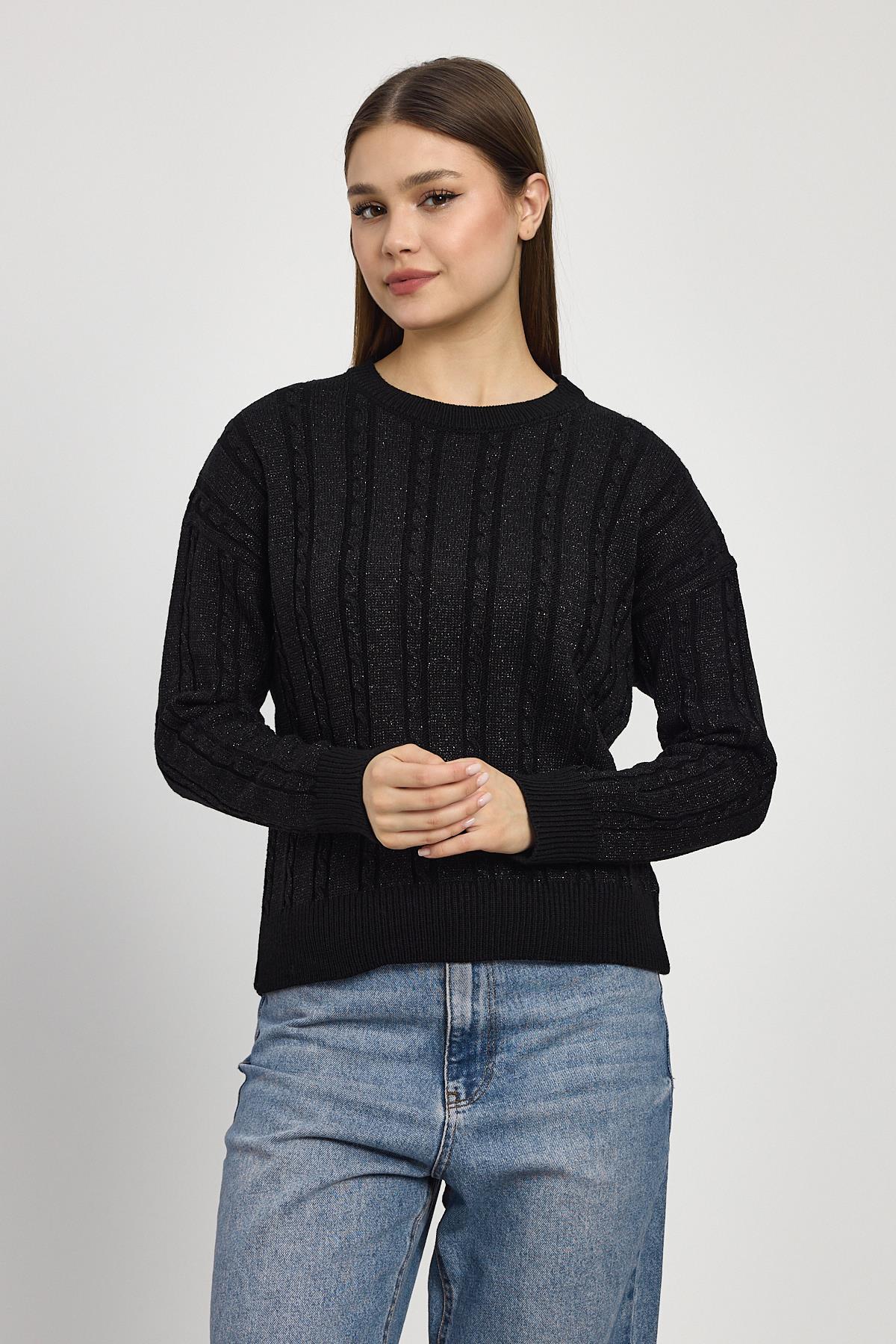 24366 Örgü Detay Simli Triko Kazak Siyah - 1