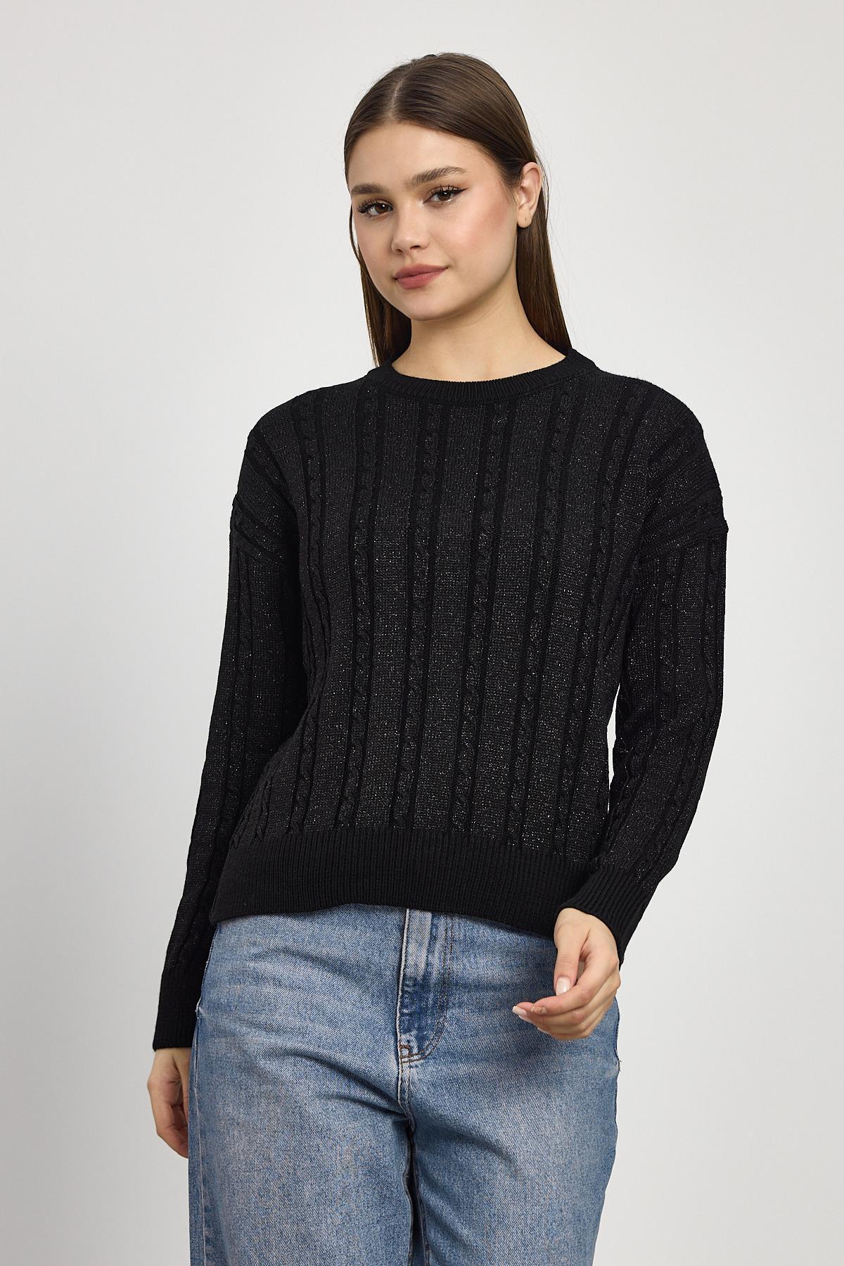 24366 Örgü Detay Simli Triko Kazak Siyah - 3