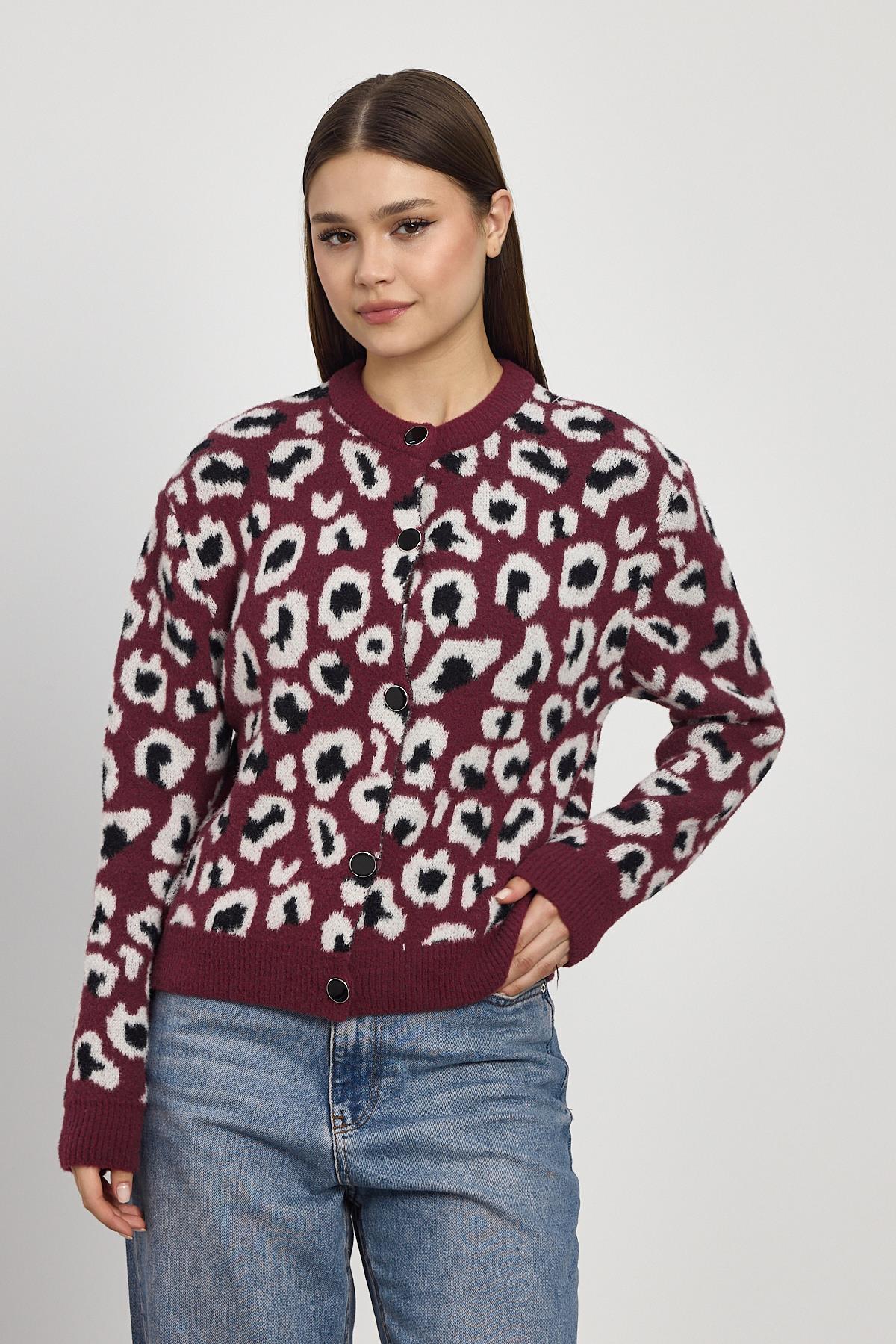 24367 Leopar Detay Triko Hırka Bordo 