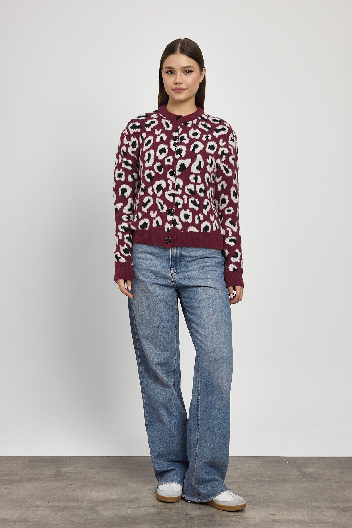 24367 Leopar Detay Triko Hırka Bordo - 2