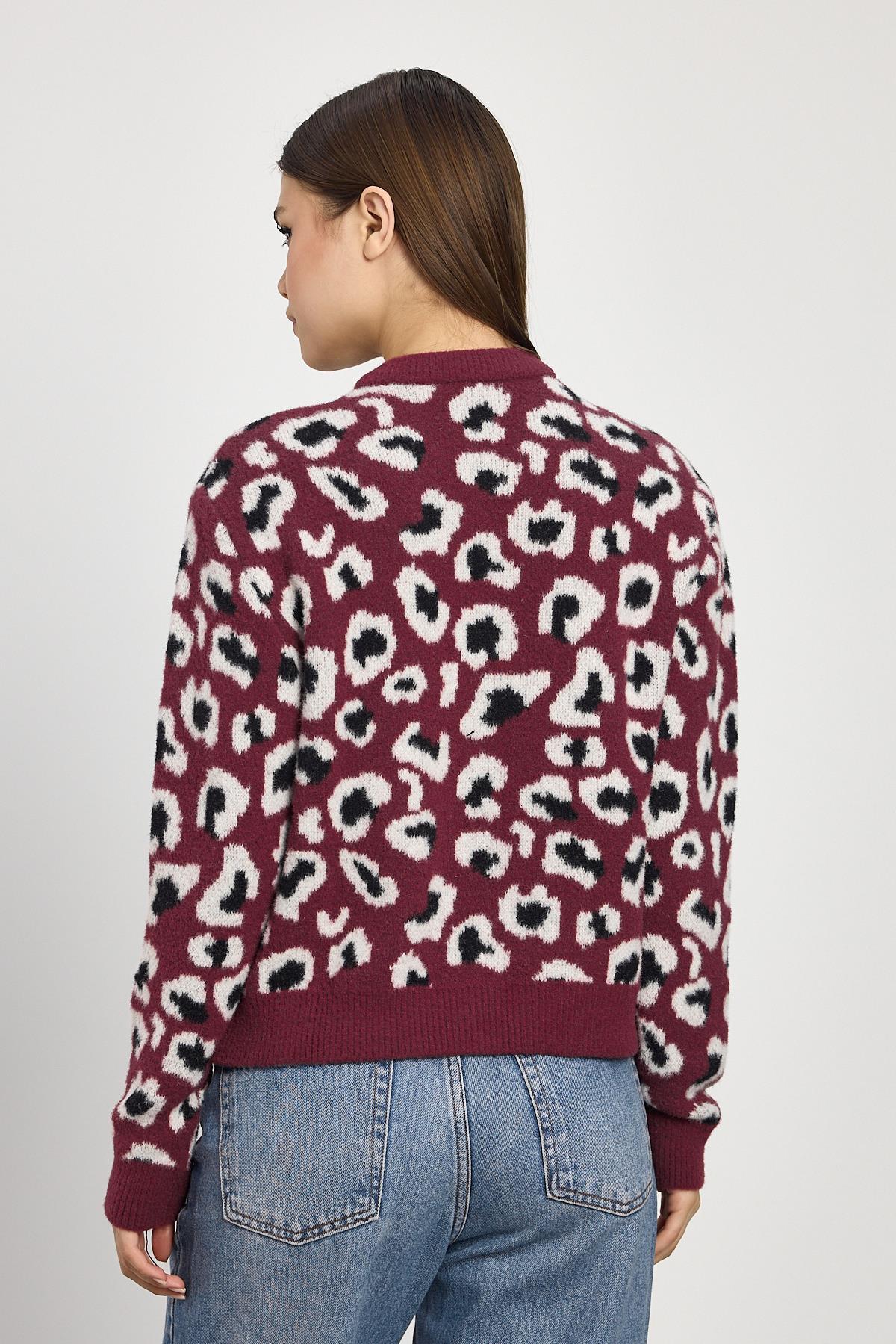 24367 Leopar Detay Triko Hırka Bordo - 5