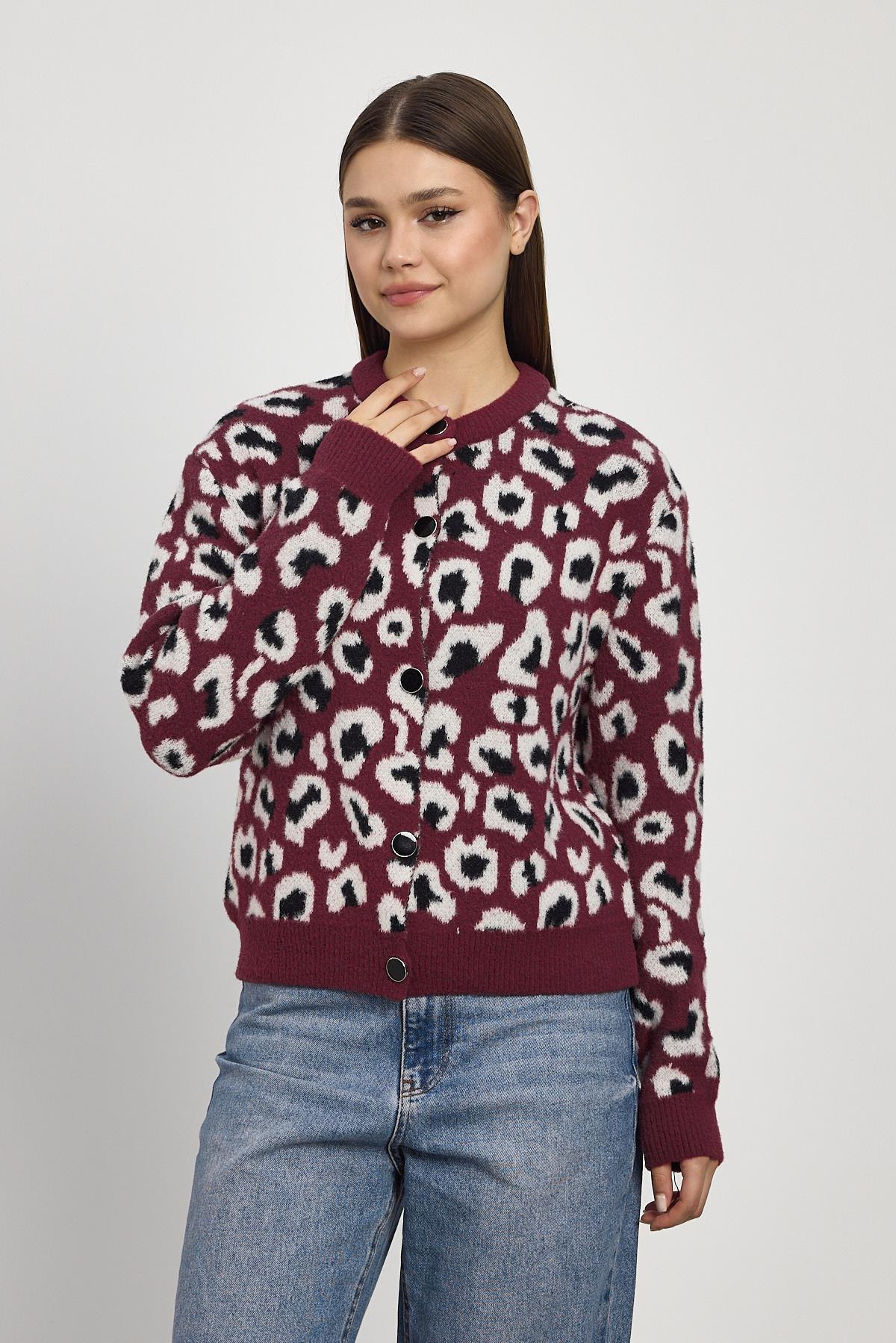 24367 Leopar Detay Triko Hırka Bordo - 6