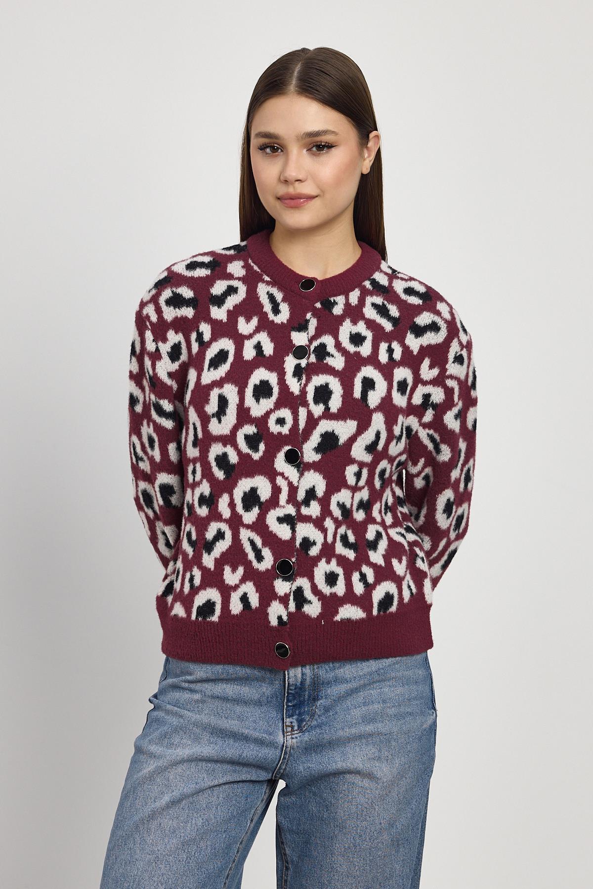 24367 Leopar Detay Triko Hırka Bordo - 3