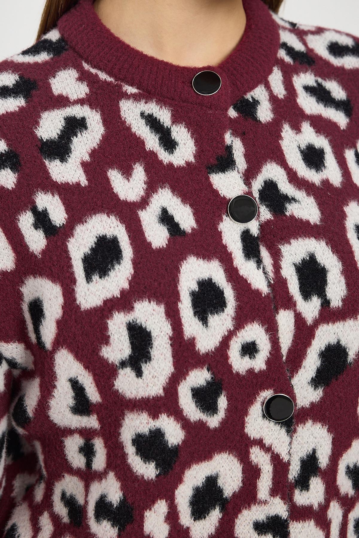 24367 Leopar Detay Triko Hırka Bordo - 4