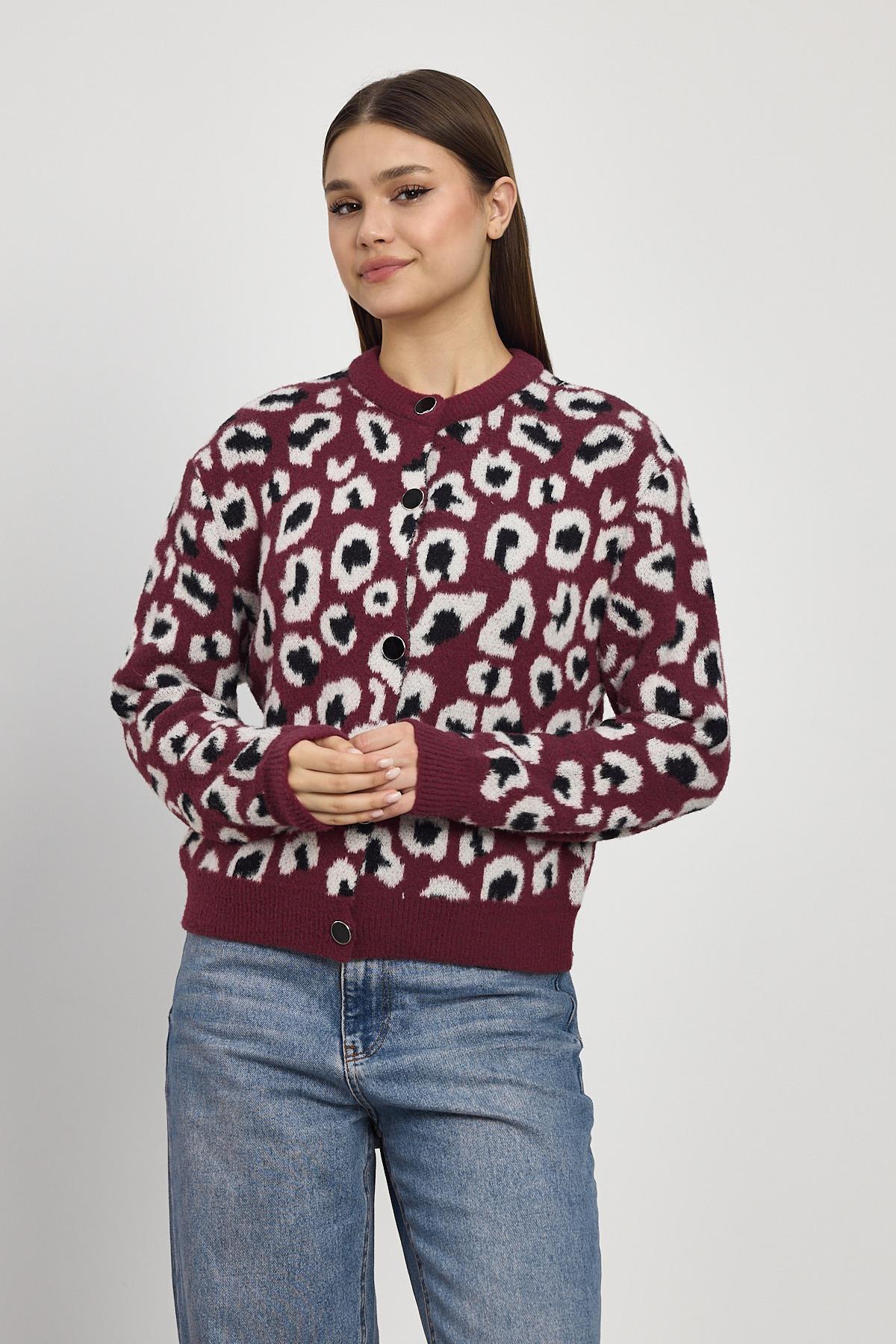 24367 Leopar Detay Triko Hırka Bordo - 7