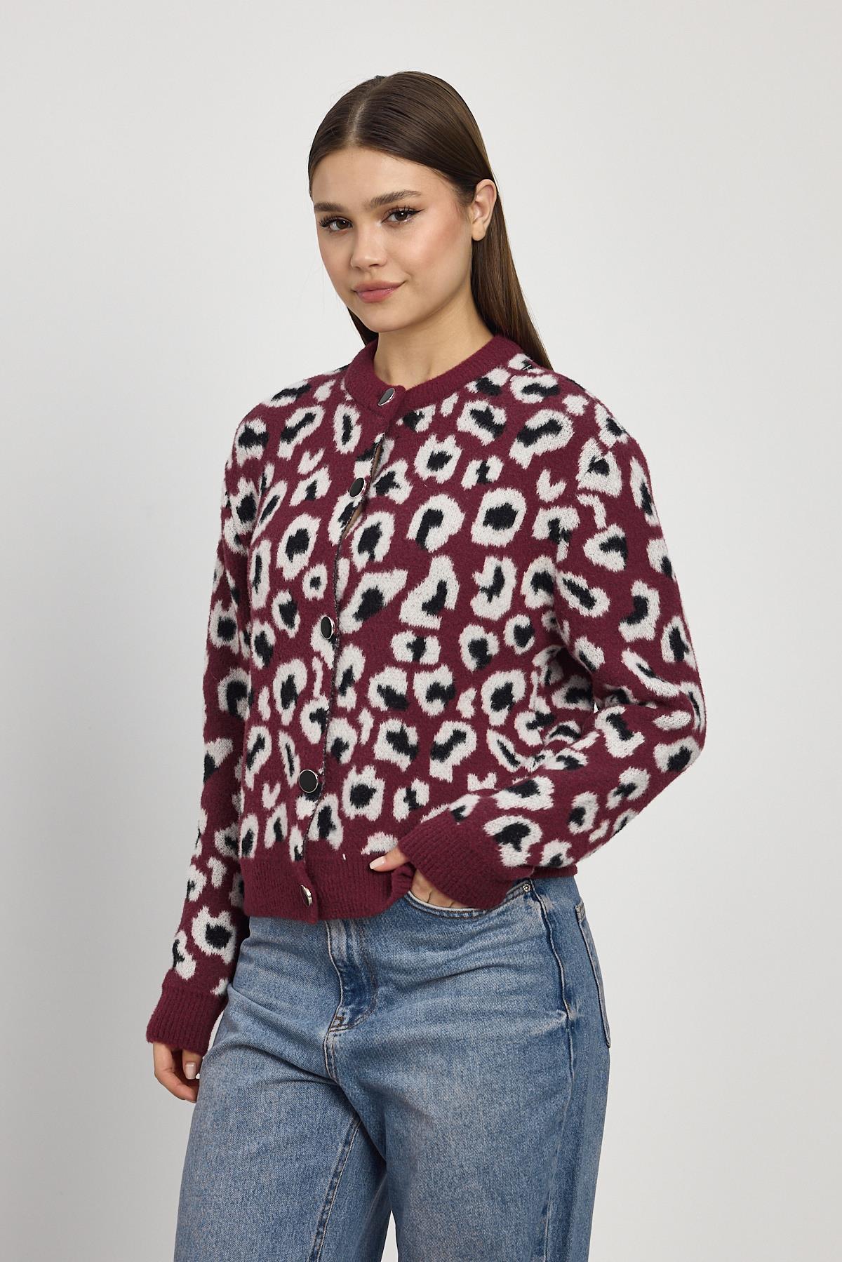 24367 Leopar Detay Triko Hırka Bordo - 8