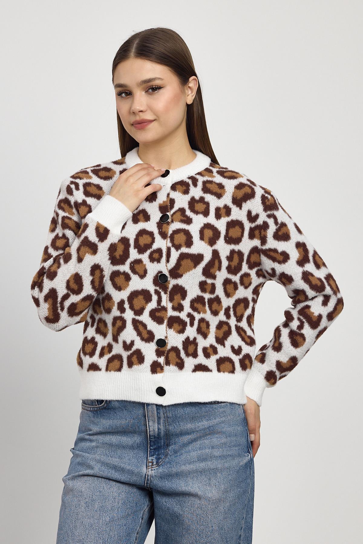 24367 Leopar Detay Triko Hırka Ekru - 8