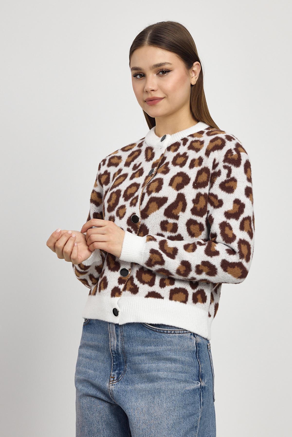 24367 Leopar Detay Triko Hırka Ekru - 7