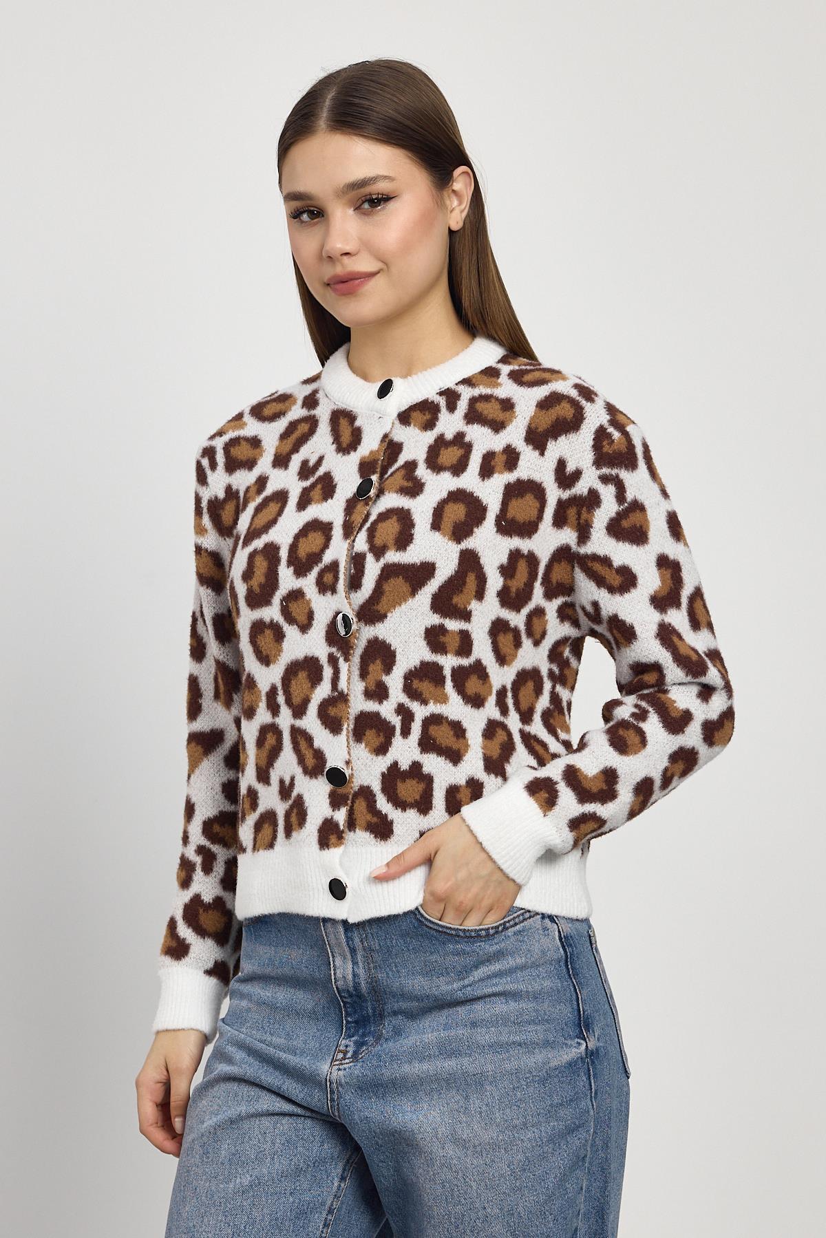 24367 Leopar Detay Triko Hırka Ekru - 2