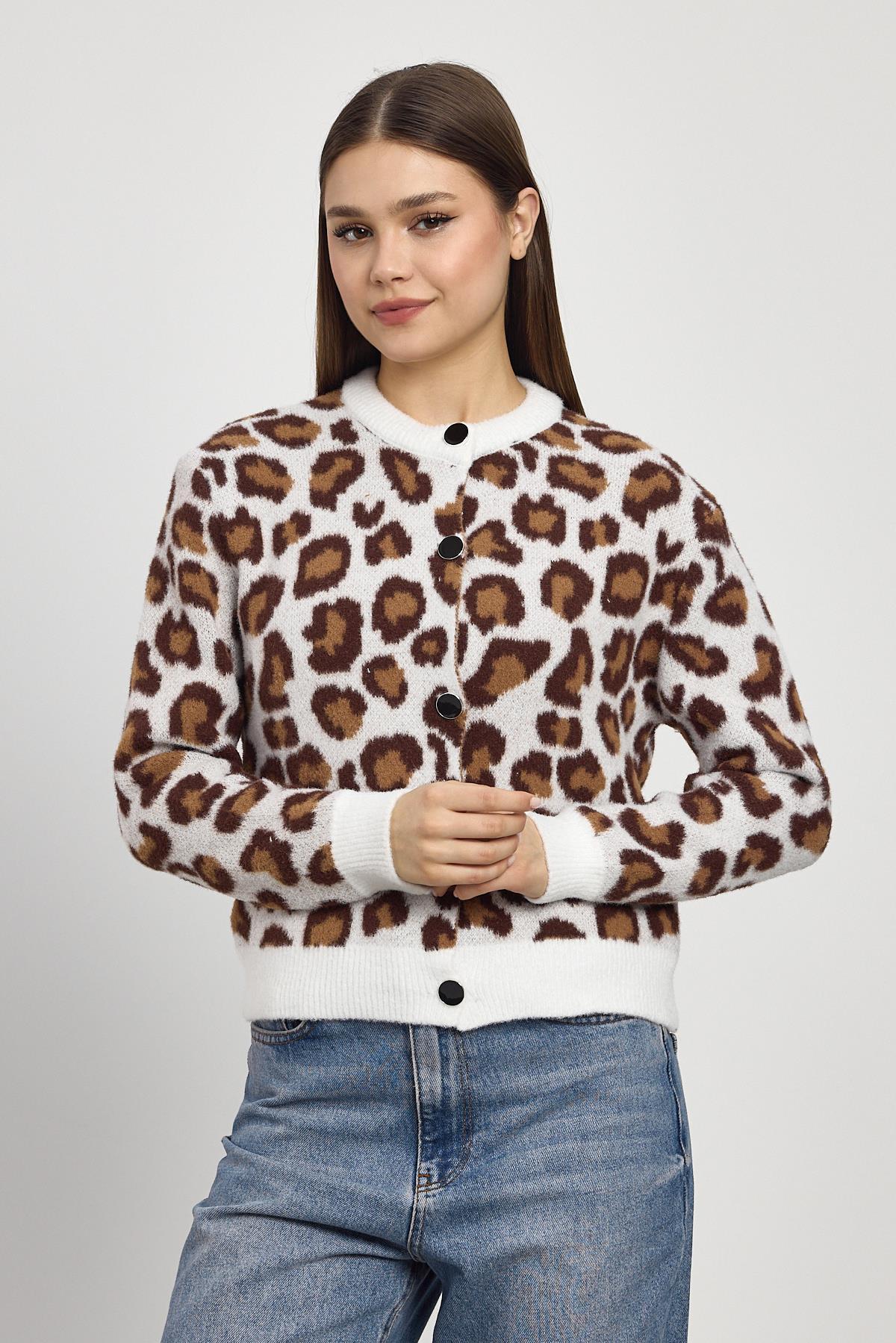 24367 Leopar Detay Triko Hırka Ekru - 3