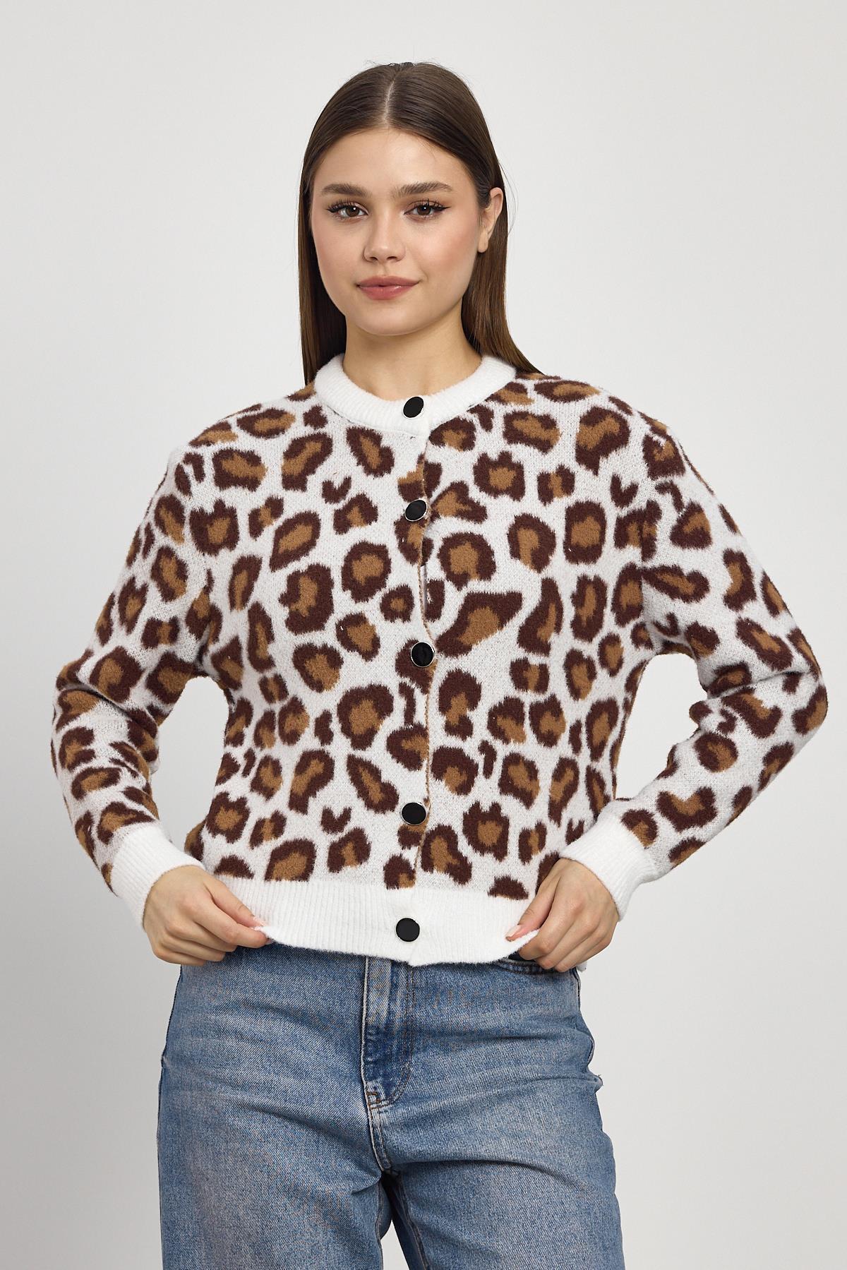 24367 Leopar Detay Triko Hırka Ekru - 6