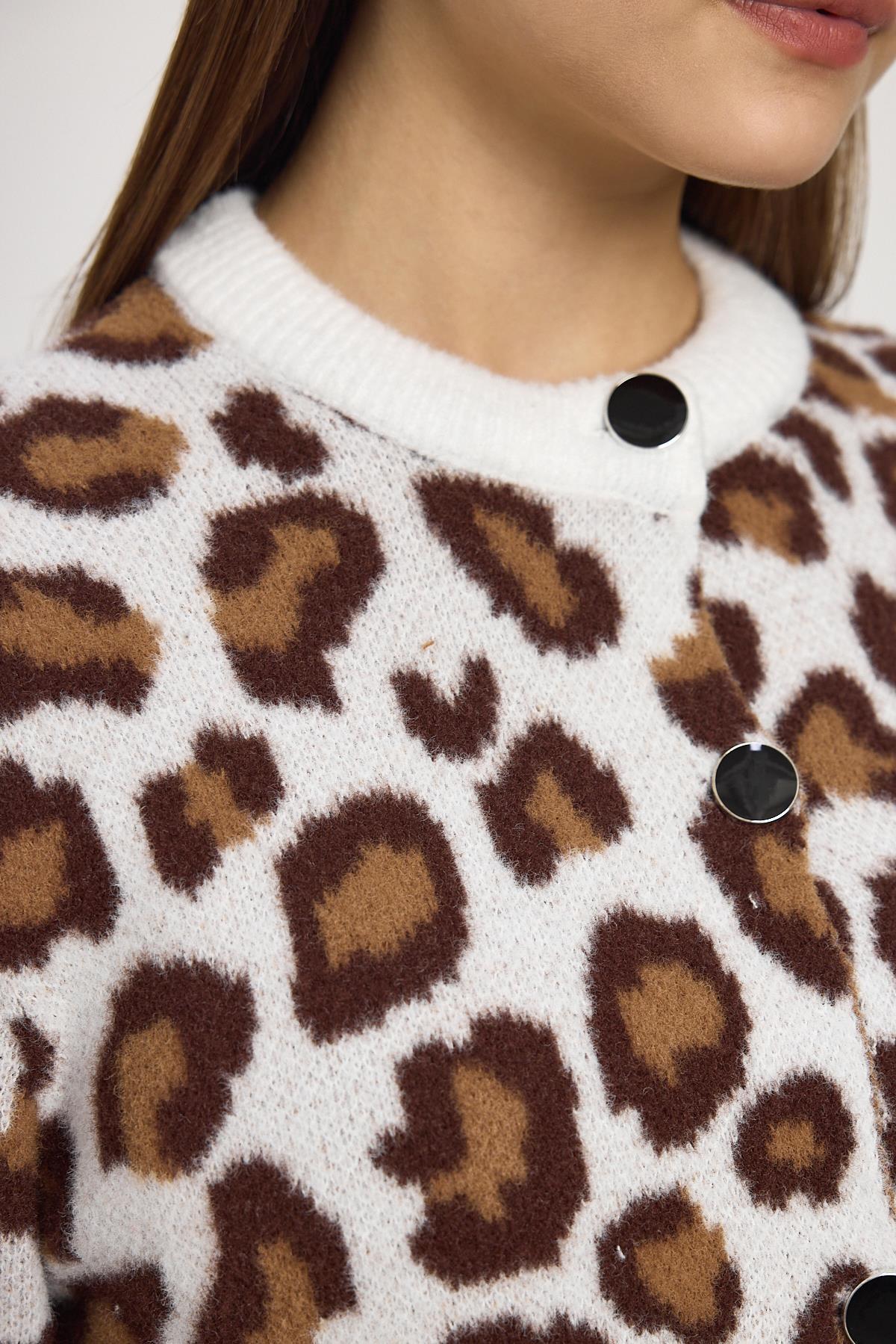 Ekru Leopar Detay Triko Hırka 24367 - 4