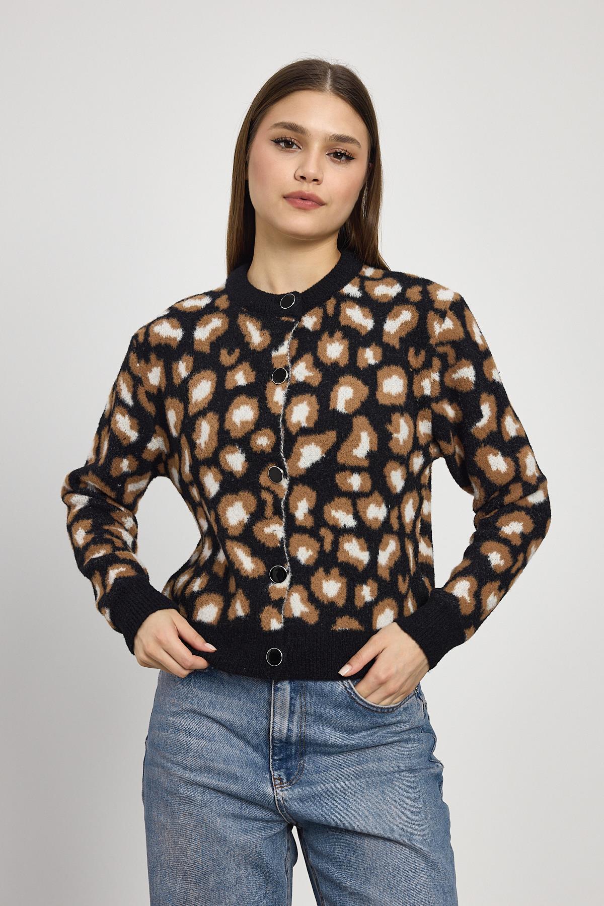 24367 Leopar Detay Triko Hırka Siyah - 7