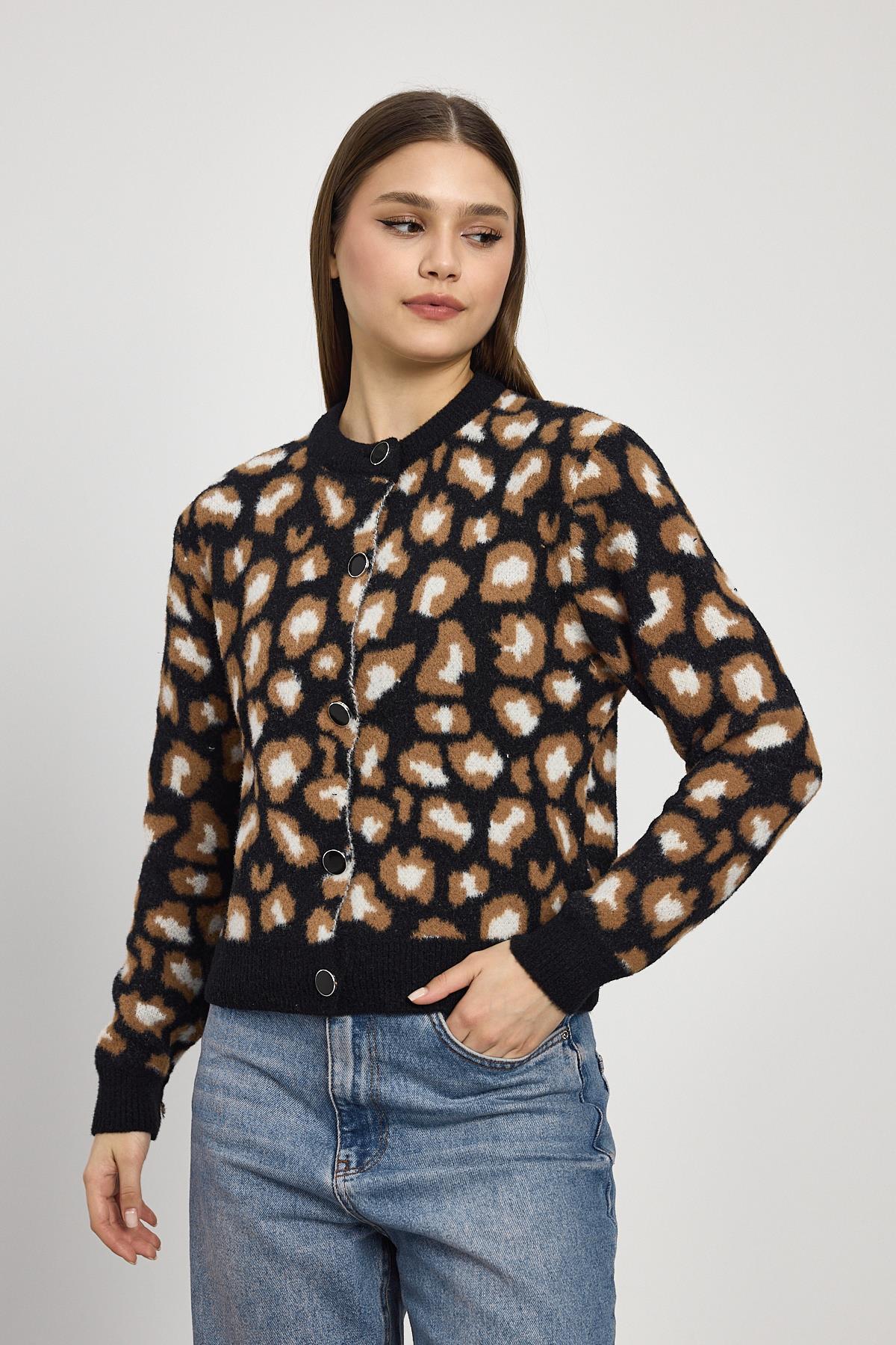 24367 Leopar Detay Triko Hırka Siyah - 8