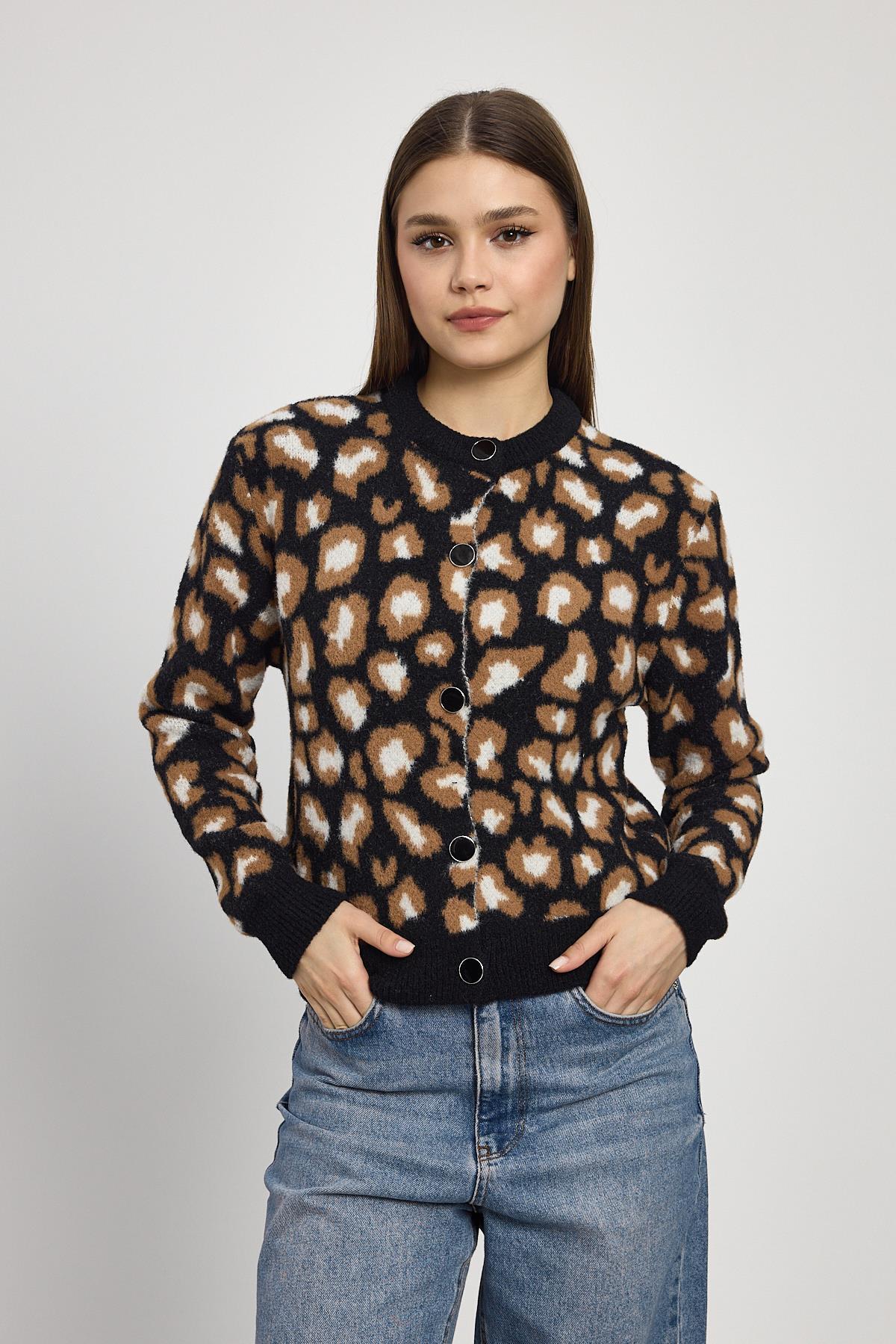 24367 Leopar Detay Triko Hırka Siyah 