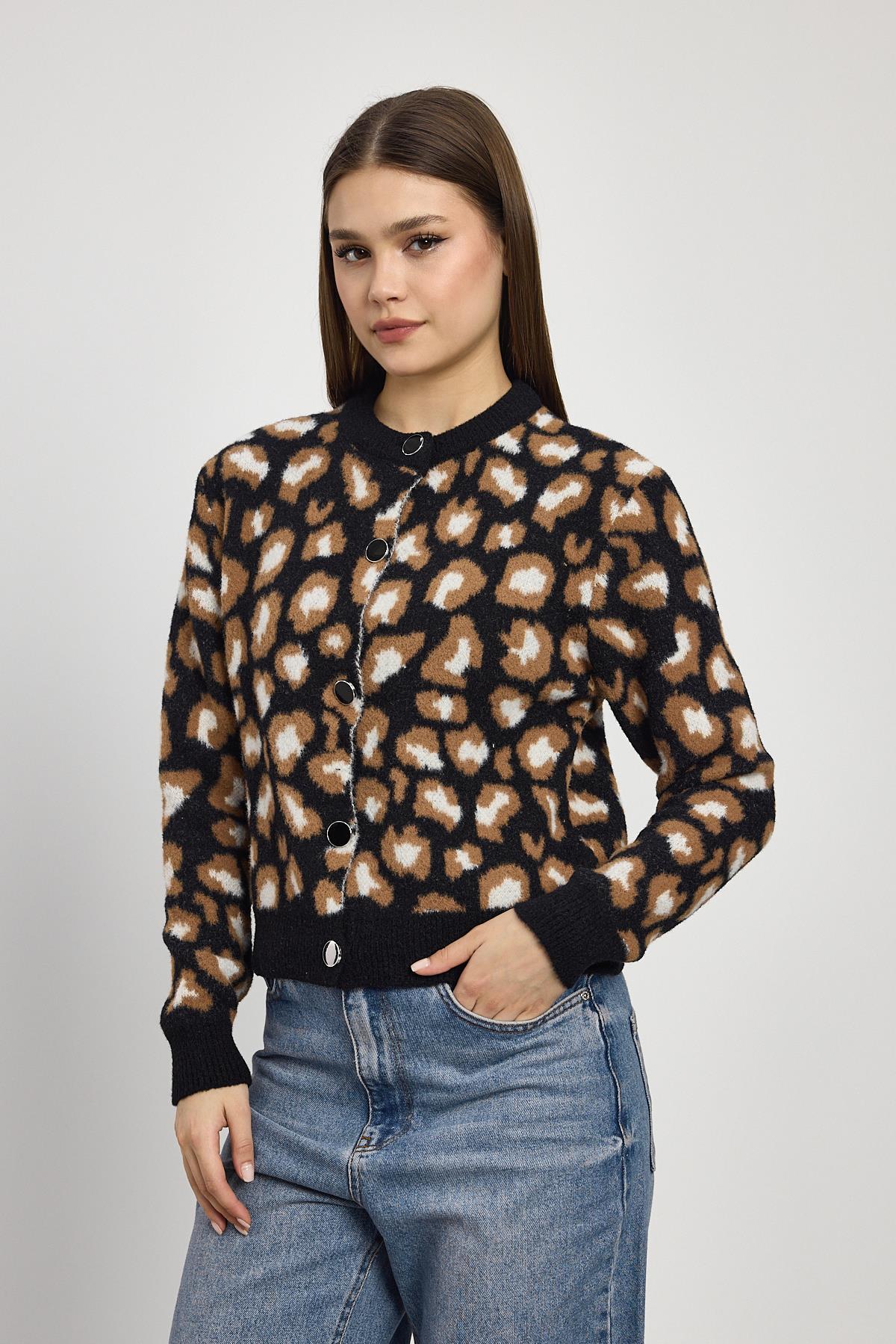 24367 Leopar Detay Triko Hırka Siyah - 3