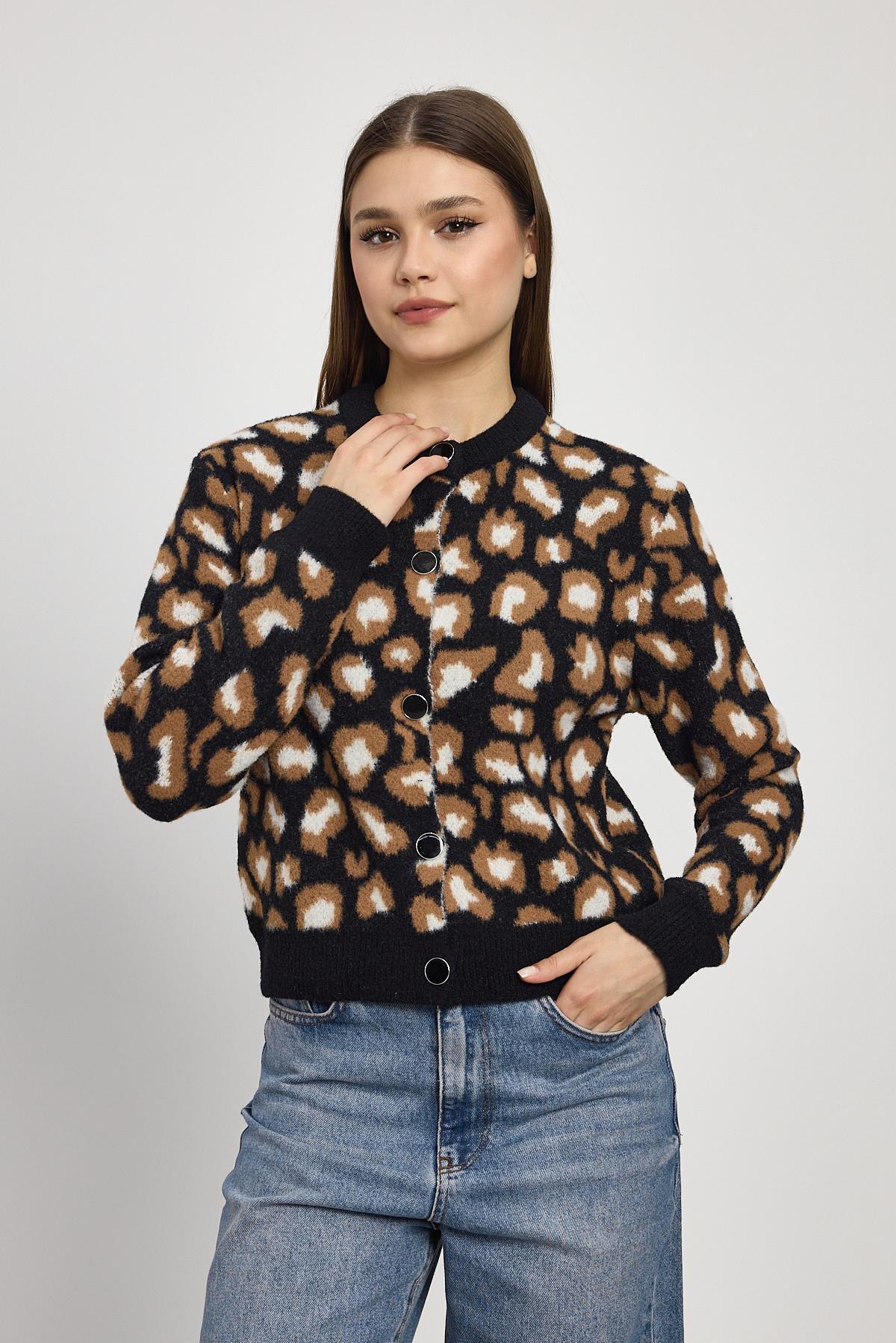 Siyah Leopar Detay Triko Hırka 24367 - 6