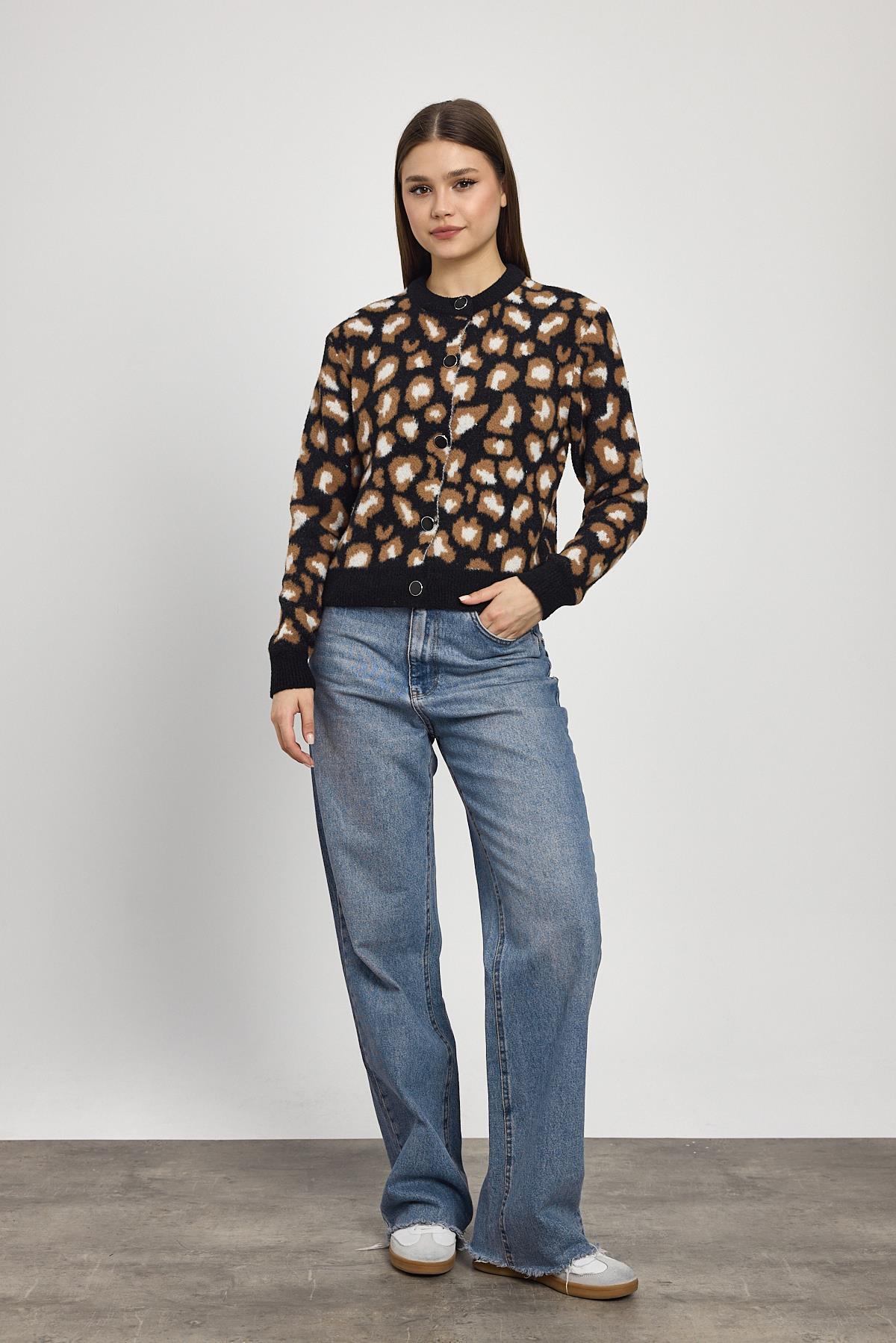 Leopar Detay Triko Hırka 24367 Siyah - RAYS