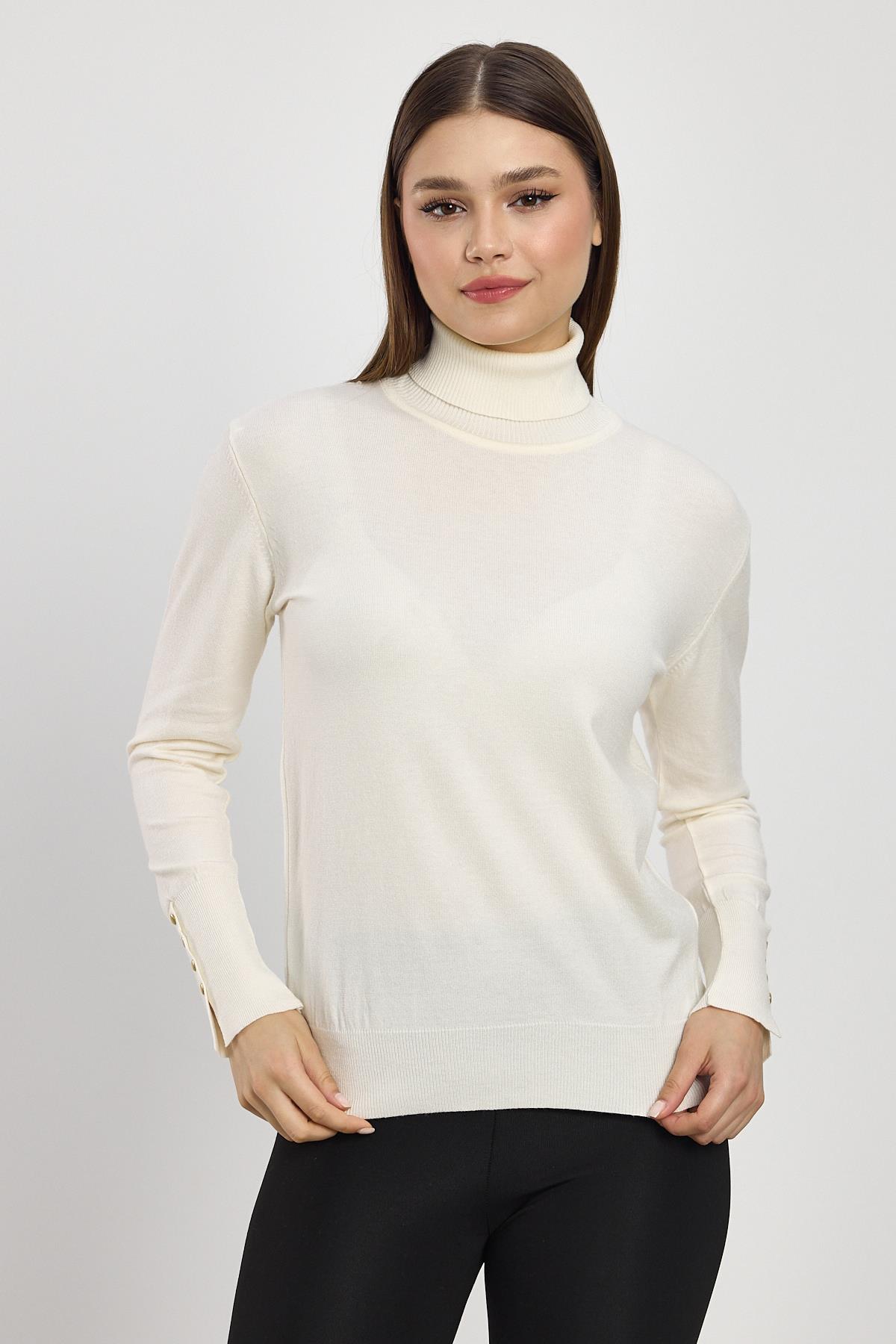 24369 Balıkçı Yaka Kol Detay Kazak Ekru 