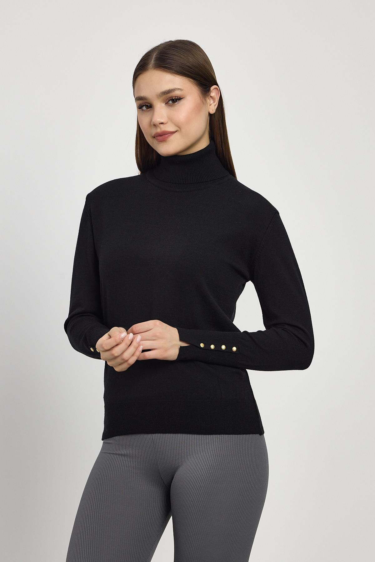 24369 Balıkçı Yaka Kol Detay Kazak Siyah - 3