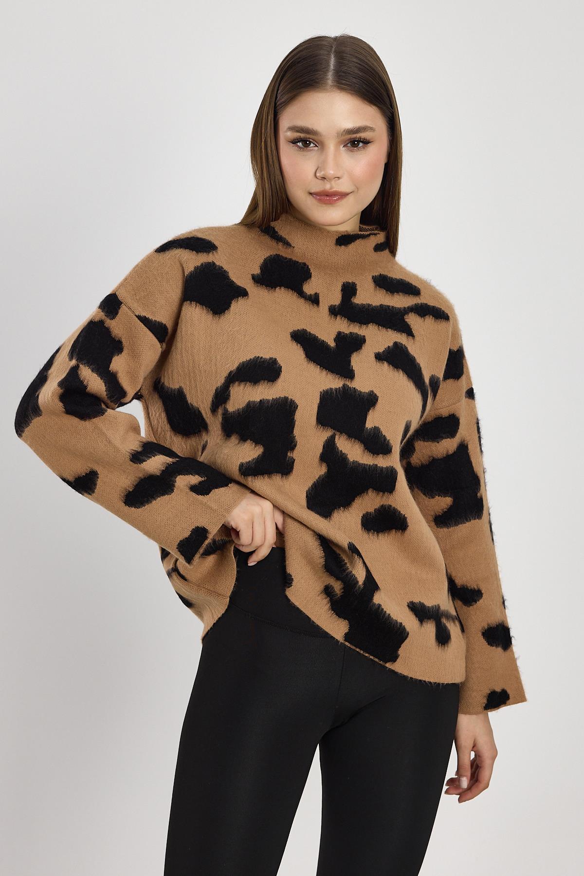 Şardonlu Dik Yaka Leopar Kazak 24371 Bisküvi-Siyah - 6