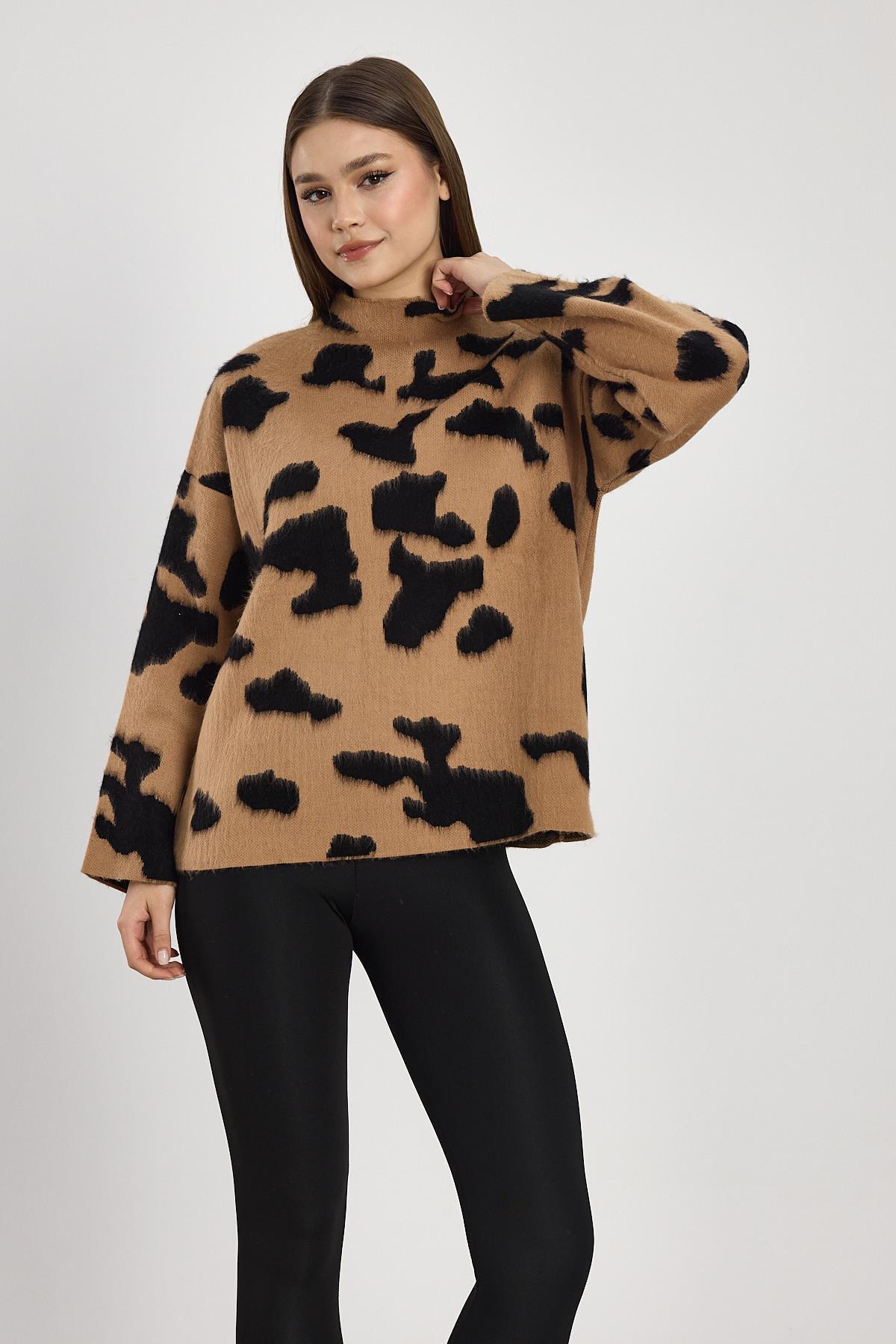 Bisküvi-Siyah Şardonlu Dik Yaka Leopar Kazak 24371 - 7