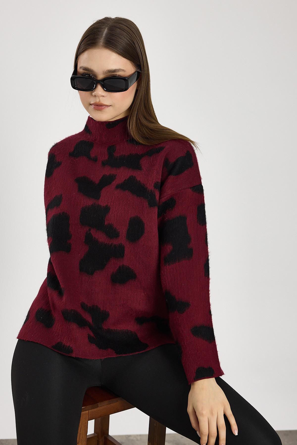 Şardonlu Dik Yaka Leopar Kazak 24371 Bordo-Siyah - 1
