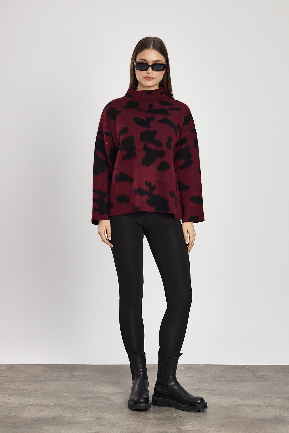 Şardonlu Dik Yaka Leopar Kazak 24371 Bordo-Siyah - 3