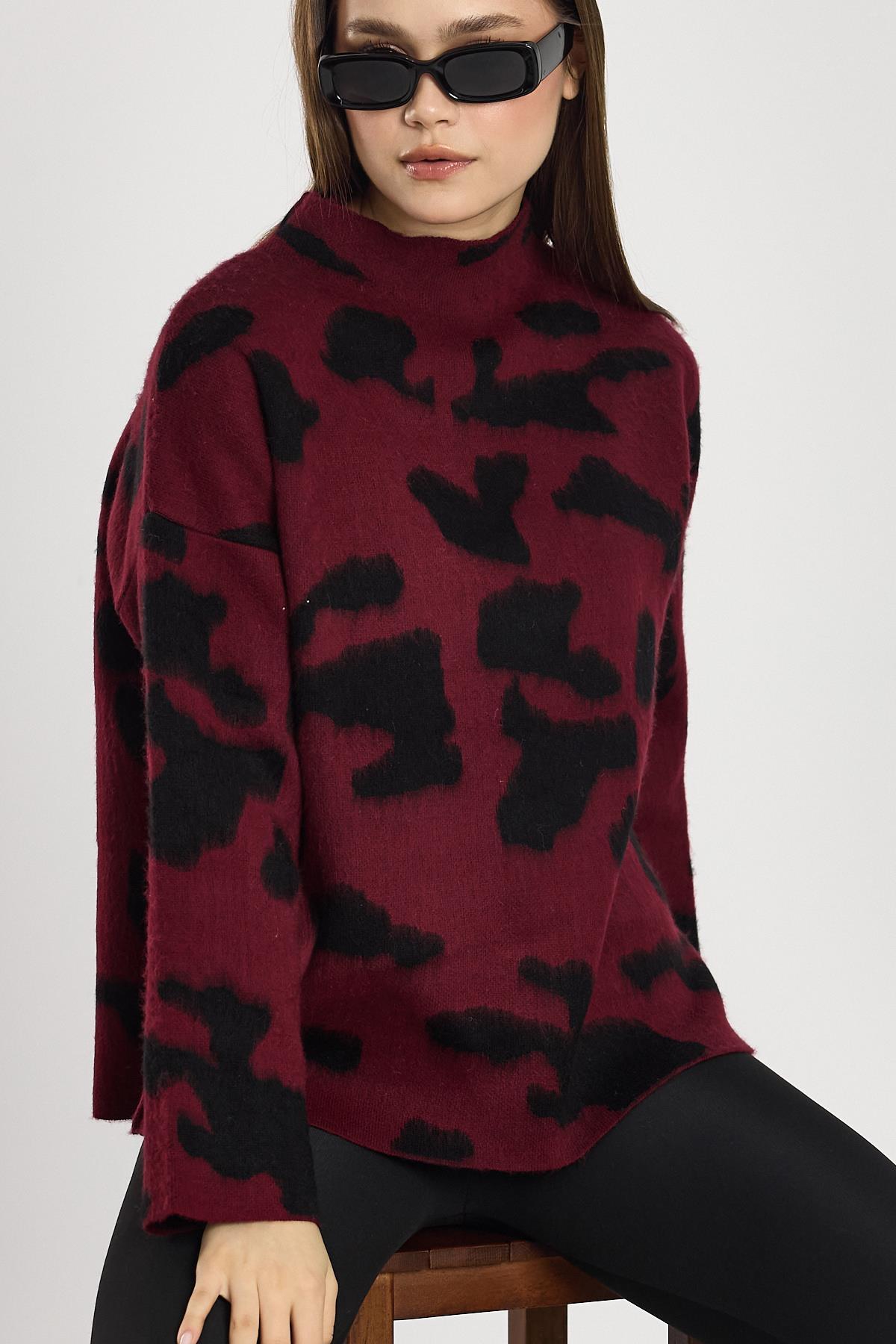 Şardonlu Dik Yaka Leopar Kazak 24371 Bordo-Siyah - 8