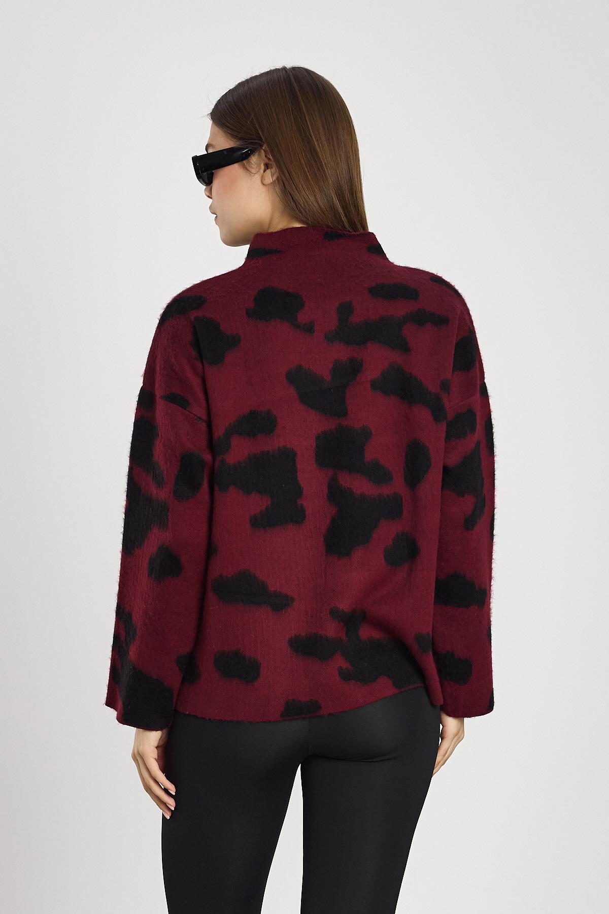 24371 Şardonlu Dik Yaka Leopar Kazak Bordo-Siyah - 5