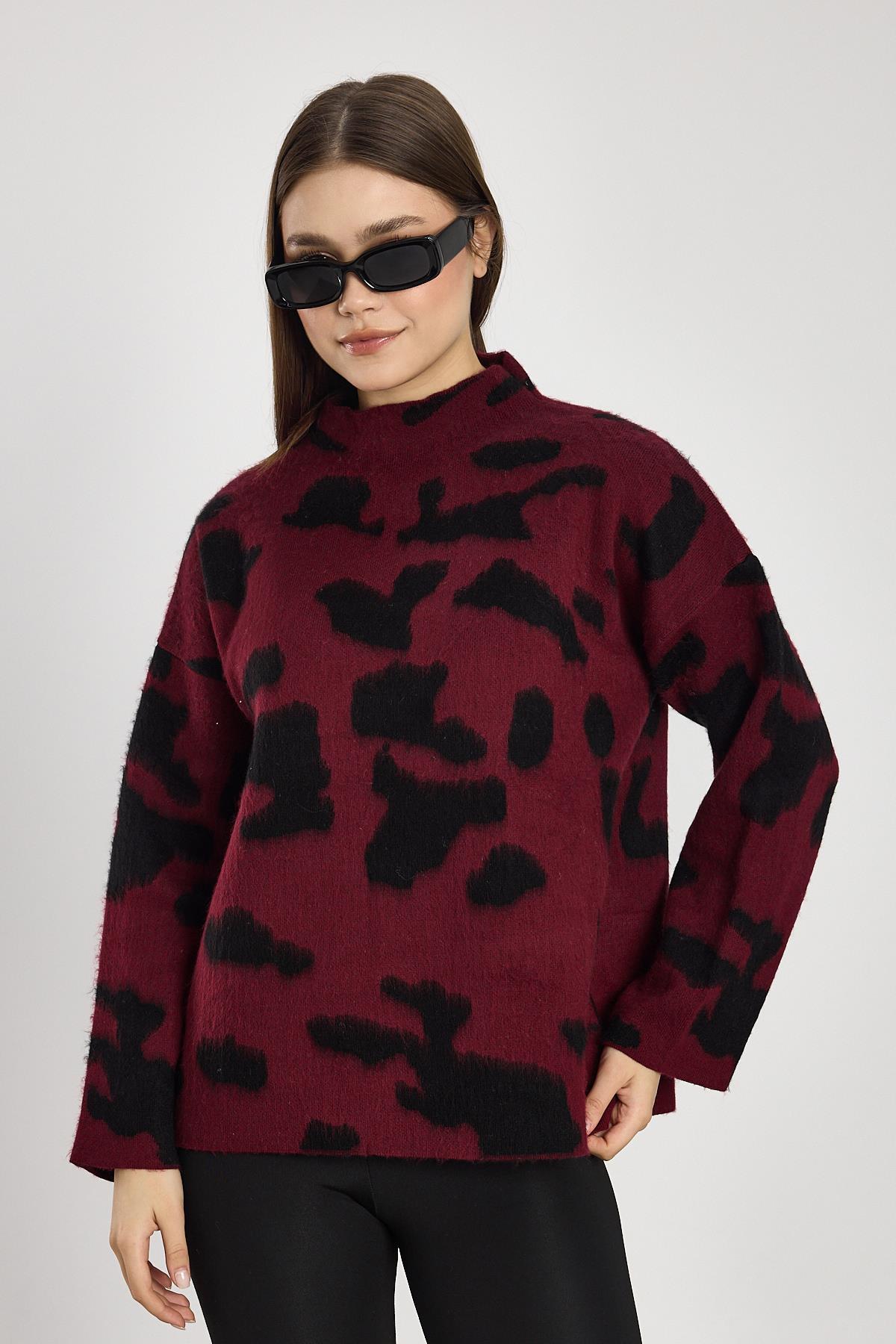 24371 Şardonlu Dik Yaka Leopar Kazak Bordo-Siyah - RAYS