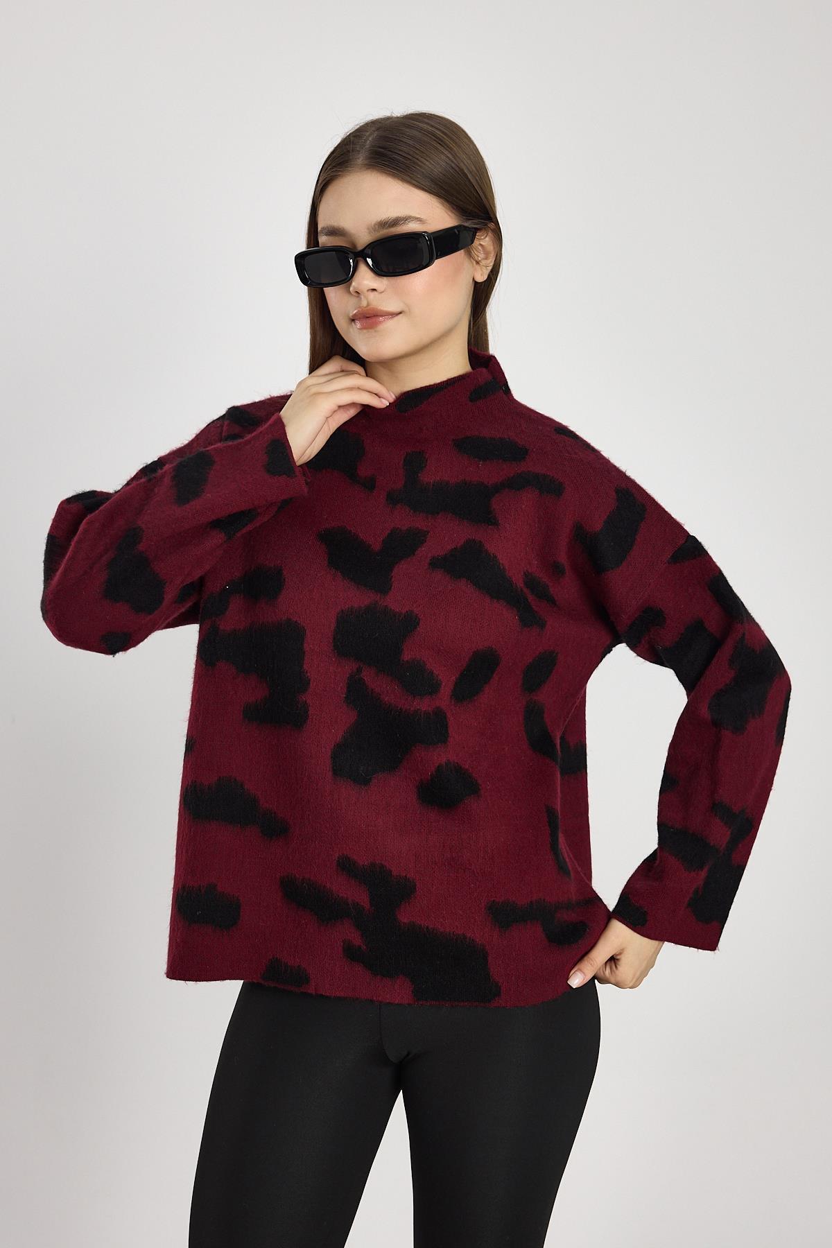 24371 Şardonlu Dik Yaka Leopar Kazak Bordo-Siyah - 6