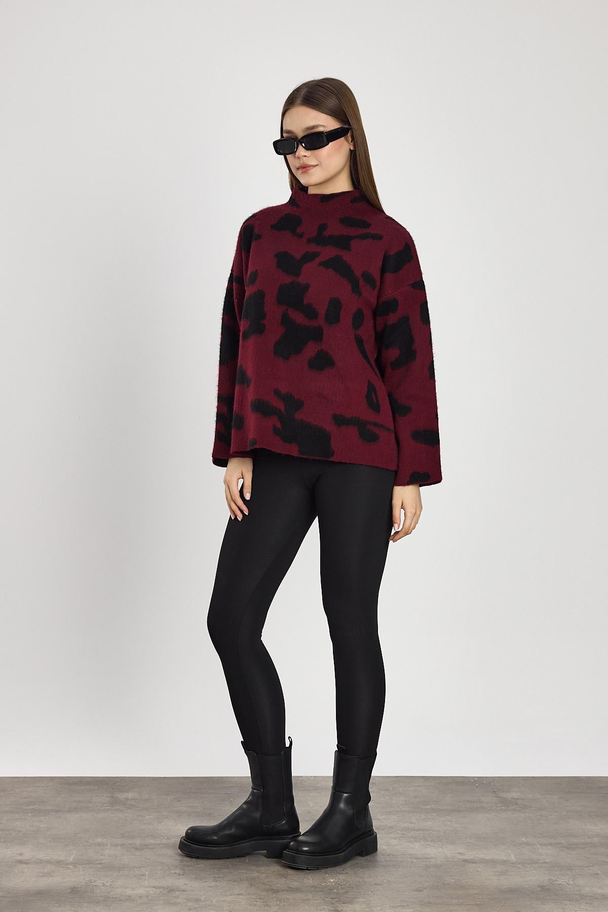 24371 Şardonlu Dik Yaka Leopar Kazak Bordo-Siyah - 7