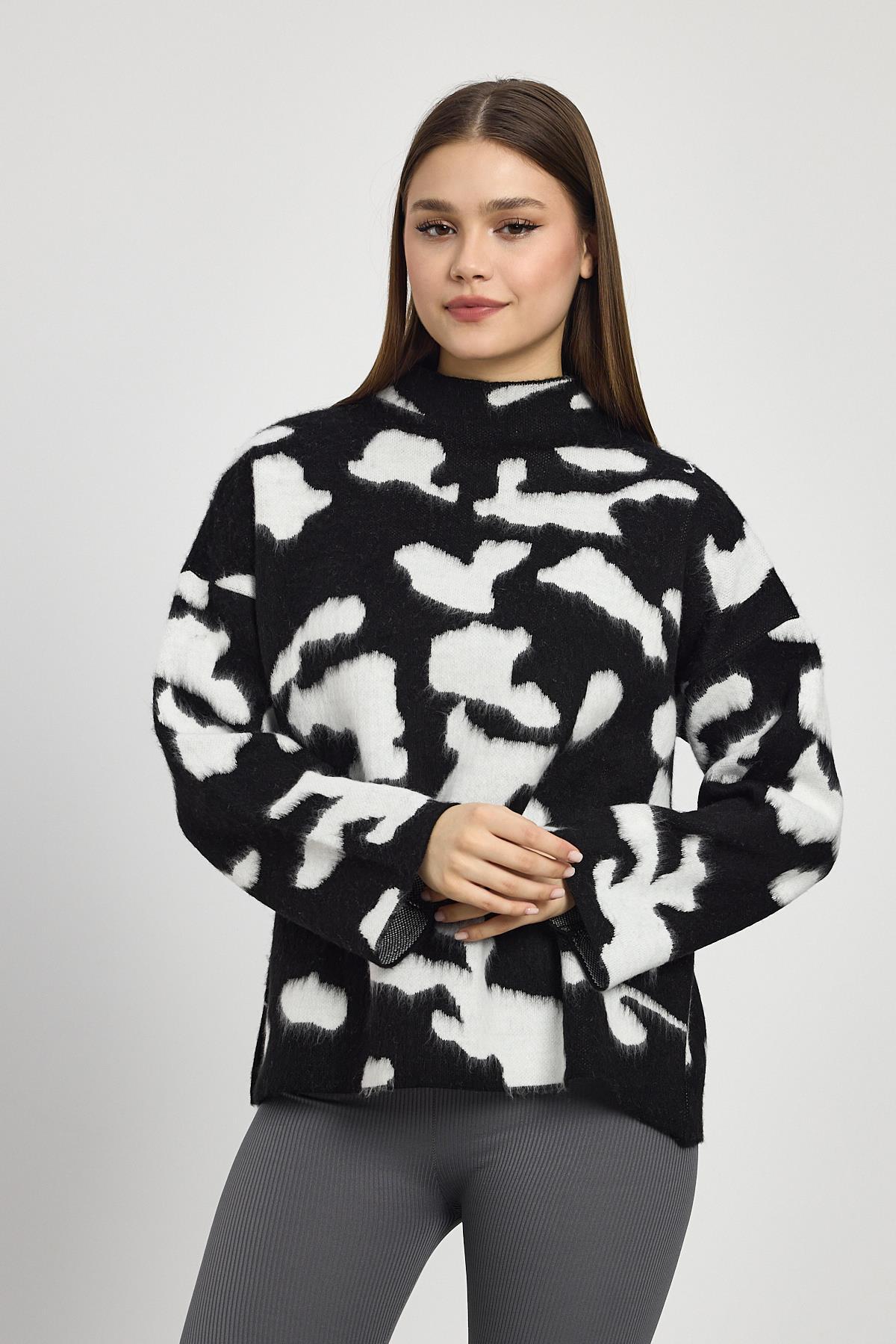 Şardonlu Dik Yaka Leopar Kazak 24371 Taş-Siyah - 3