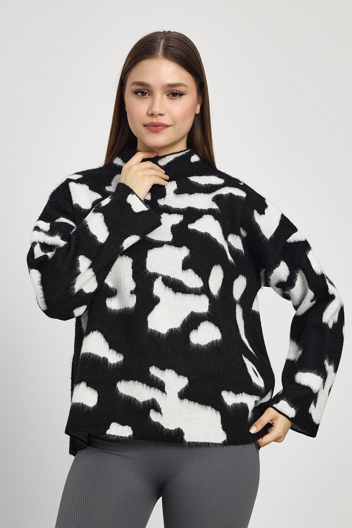 Şardonlu Dik Yaka Leopar Kazak 24371 Taş-Siyah - 6