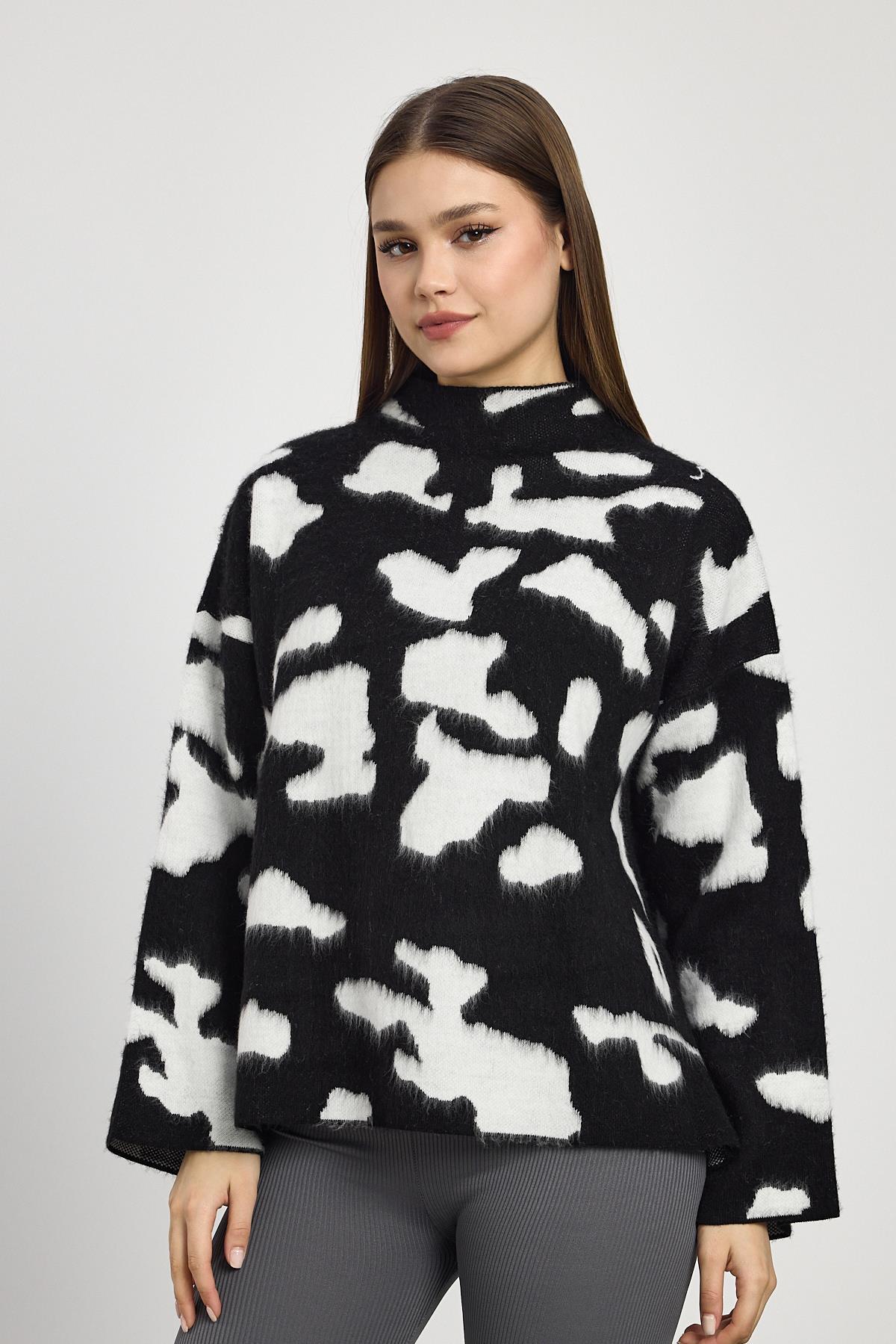 24371 Şardonlu Dik Yaka Leopar Kazak Taş-Siyah - 2