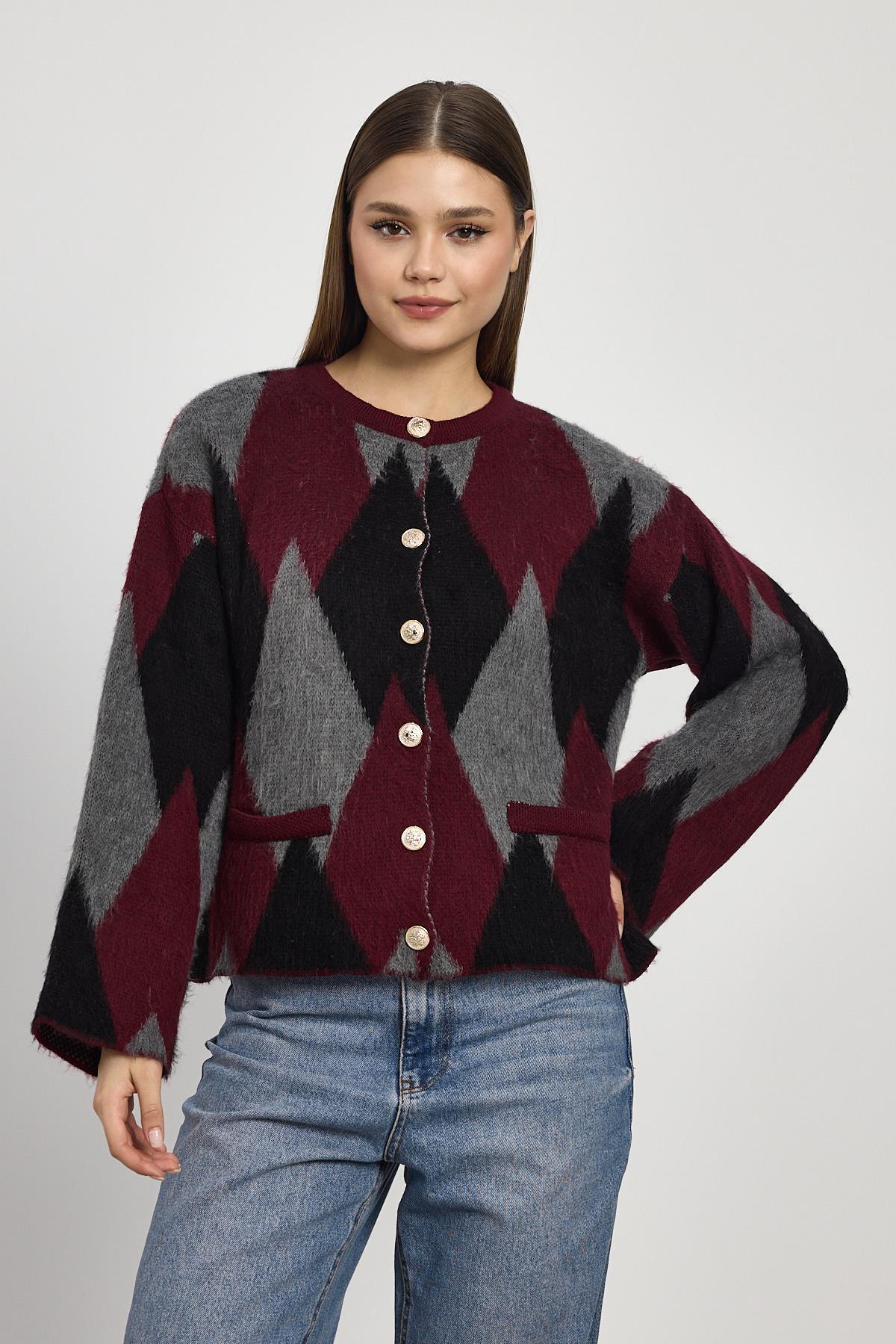 Bordo Baklava Desenli Hırka 24375 - 1