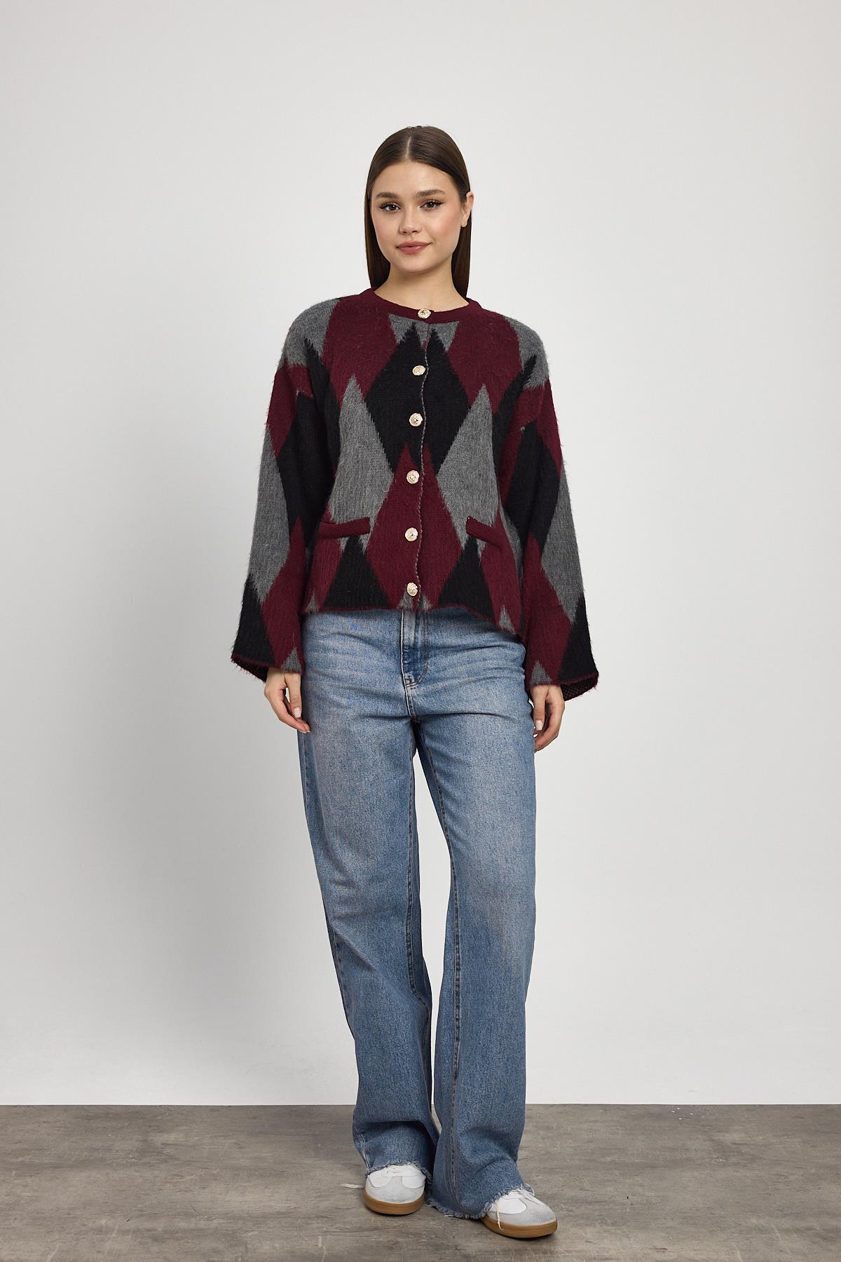 Bordo Baklava Desenli Hırka 24375 - 2