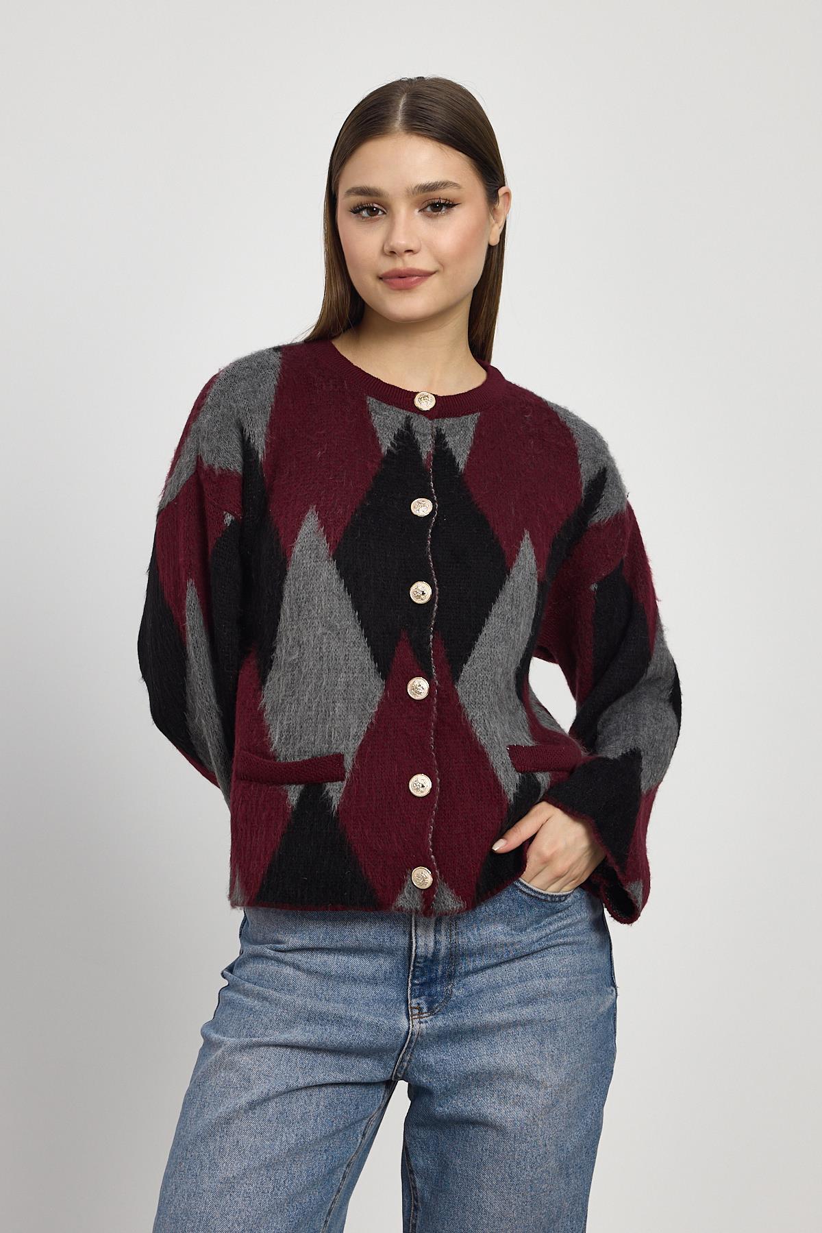 Bordo Baklava Desenli Hırka 24375 - 3