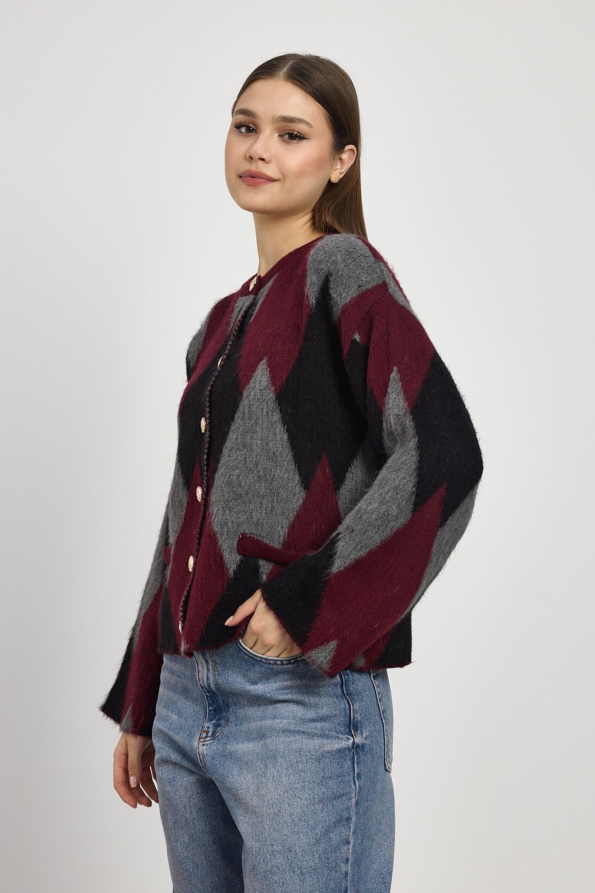 Bordo Baklava Desenli Hırka 24375 - 6