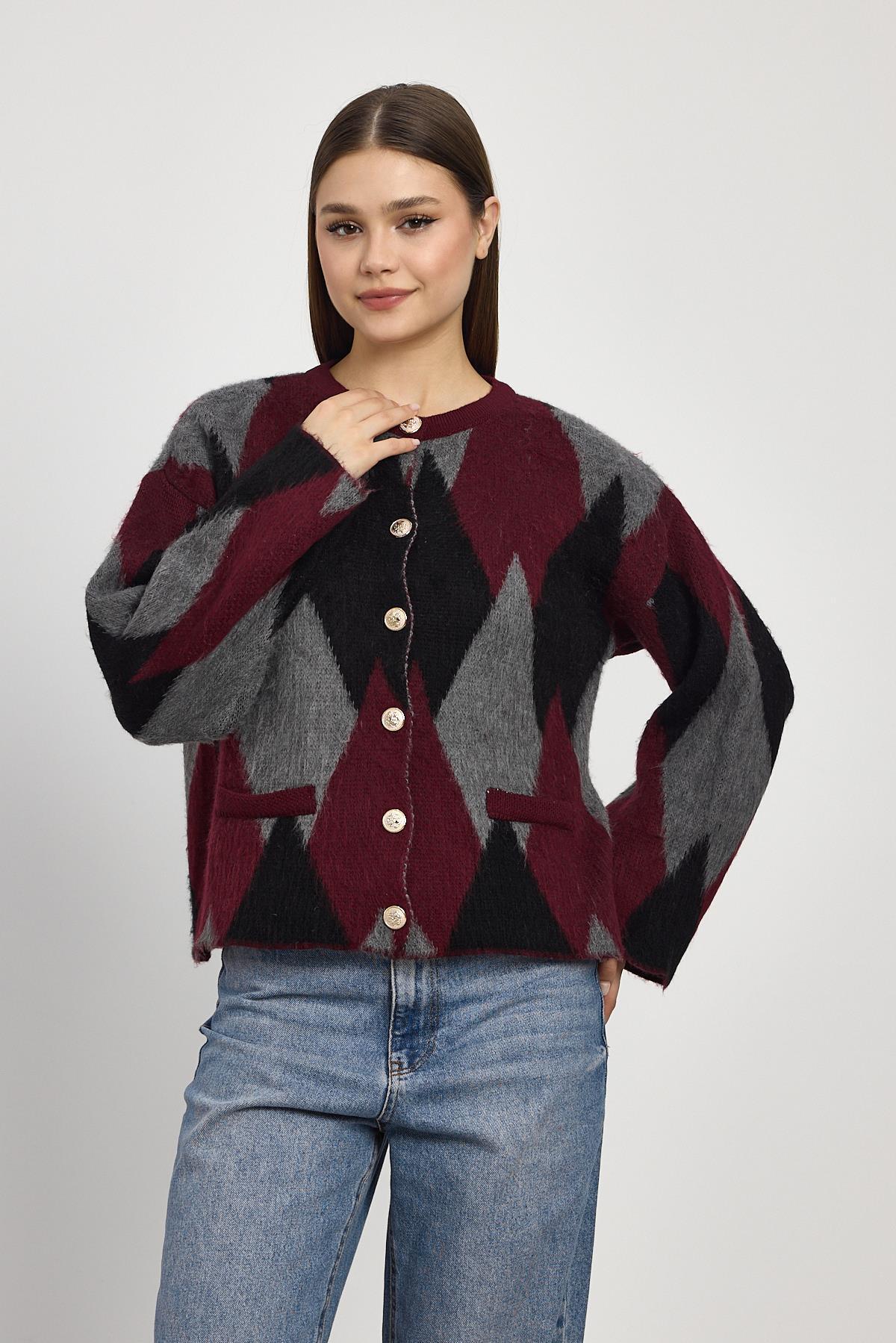 Bordo Baklava Desenli Hırka 24375 - 8